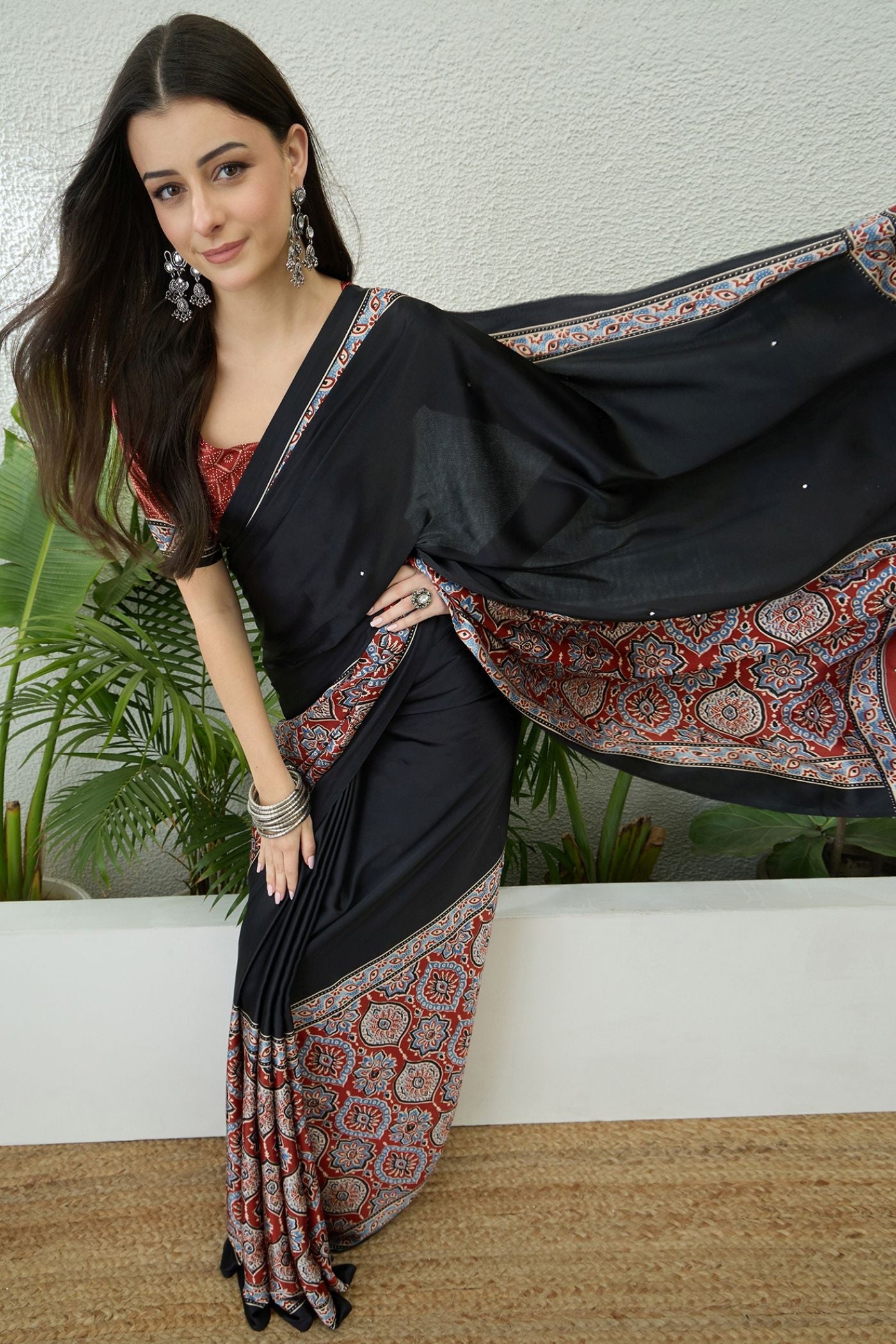 Buy MySilkLove Jet Black and Red Modal Ajrakh Satin Printed Silk Saree Online