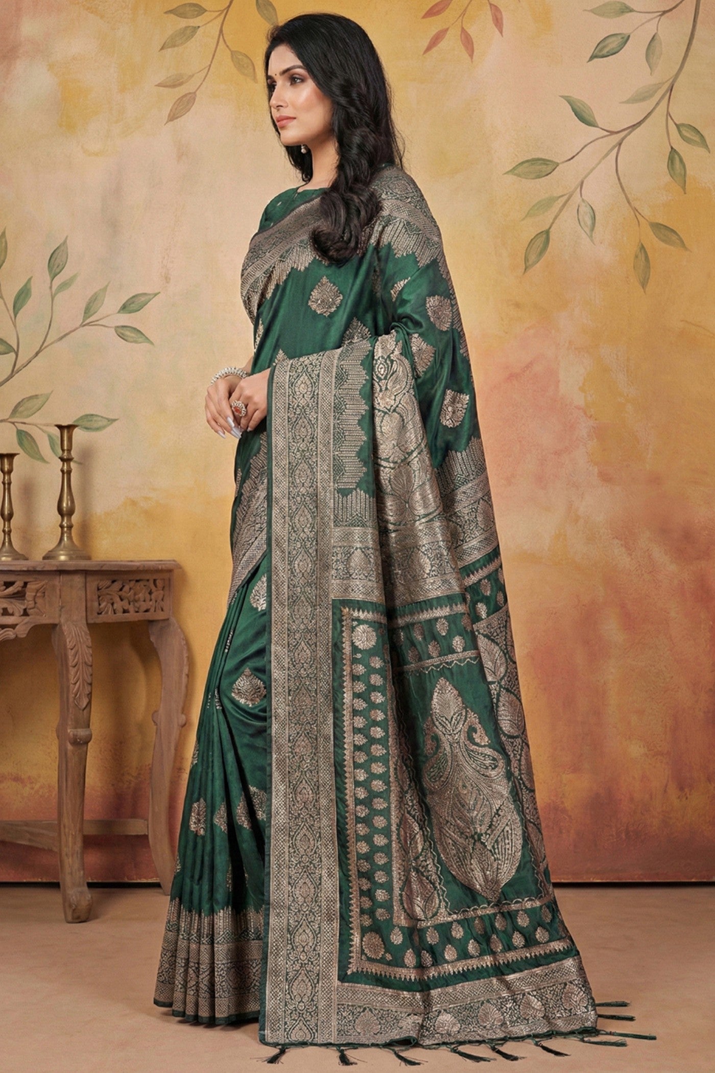 MySilkLove Bottle Green Woven Banarasi Silk Saree