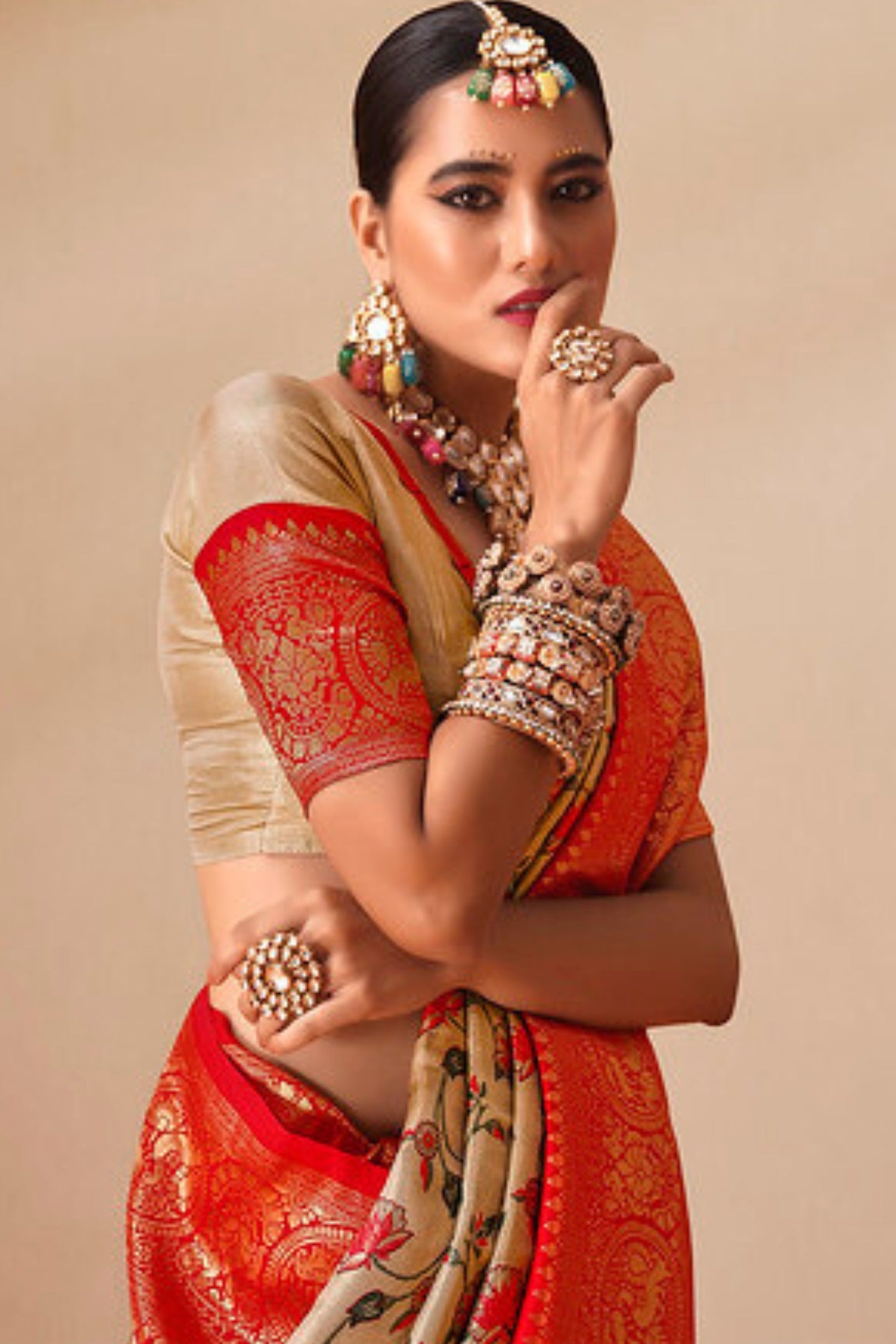 Buy MySilkLove Apricot Cream and Red Zari Woven Banarasi Saree Online