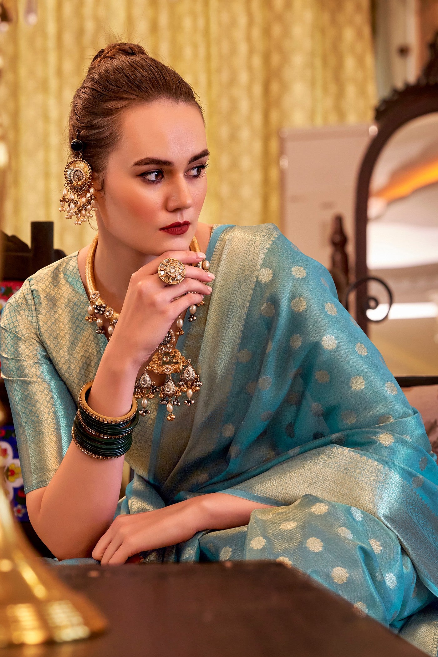 Buy MySilkLove Yale Blue Woven Tissue Silk Saree Online