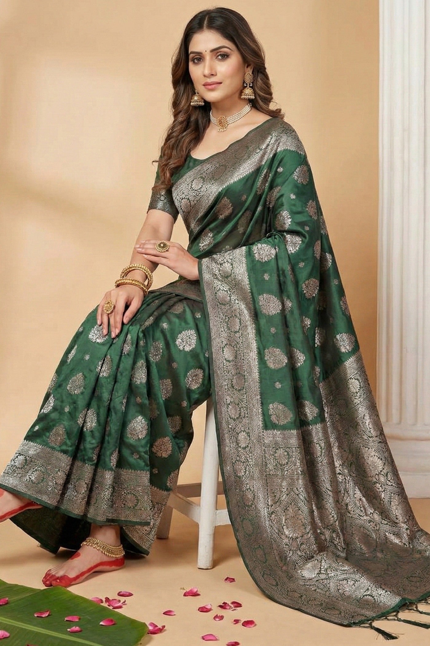 MySilkLove Jungle Green Banarasi Woven Silk Saree