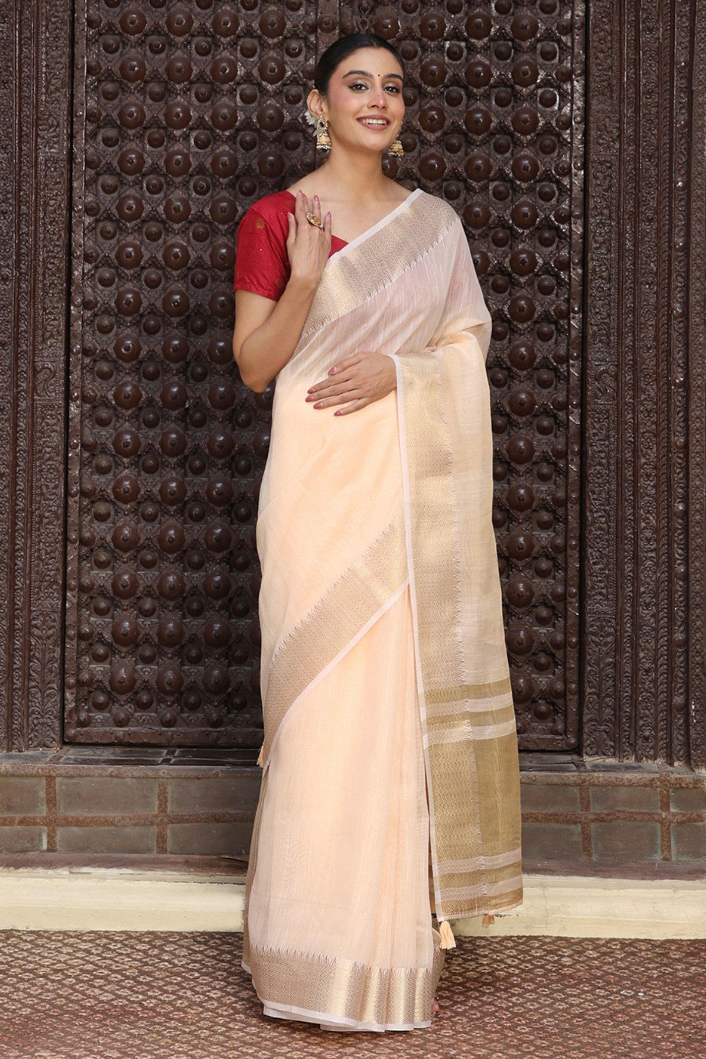 Buy MySilkLove Melon Peach Woven Cotton Saree Online