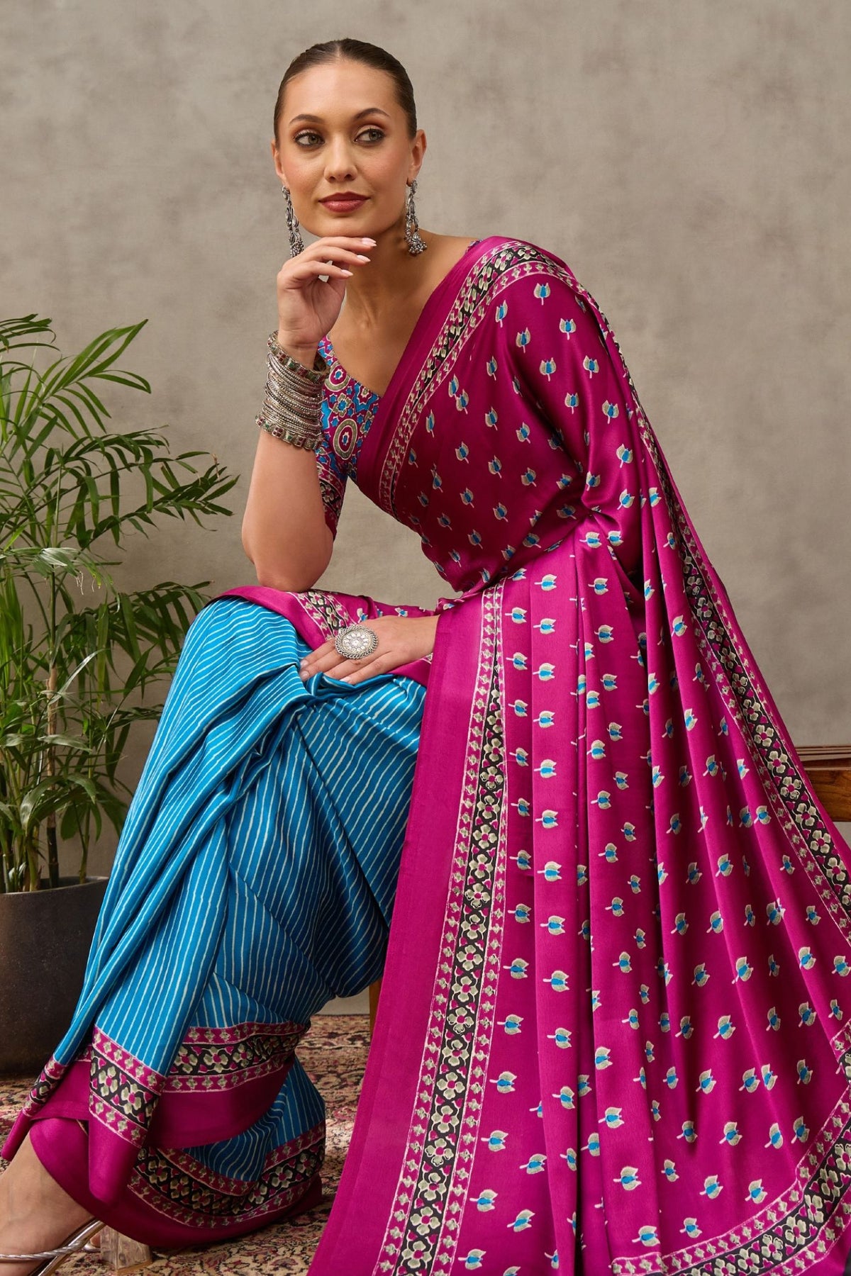 Buy MySilkLove Fuchsia Pink and Blue Modal Satin Printed Silk Saree Online