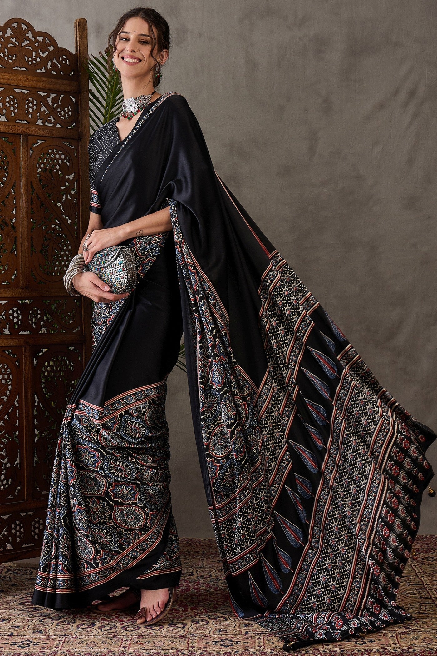Buy MySilkLove Metal Black Ajrakh Printed Satin Gaji Silk Saree Online