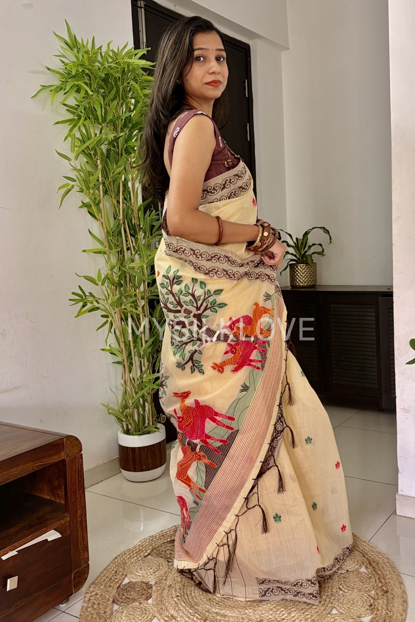 Buy MySilkLove Brandy Handloom Muga Cotton Saree Online