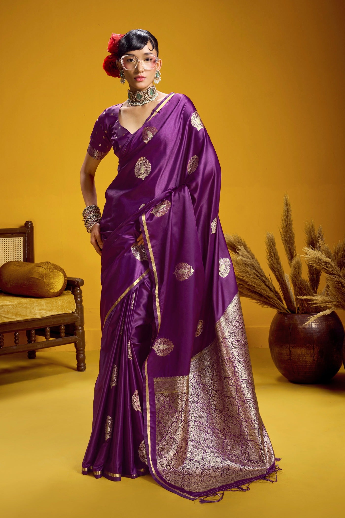Buy MySilkLove Kingfisher Purple Handloom Satin Silk Saree Online