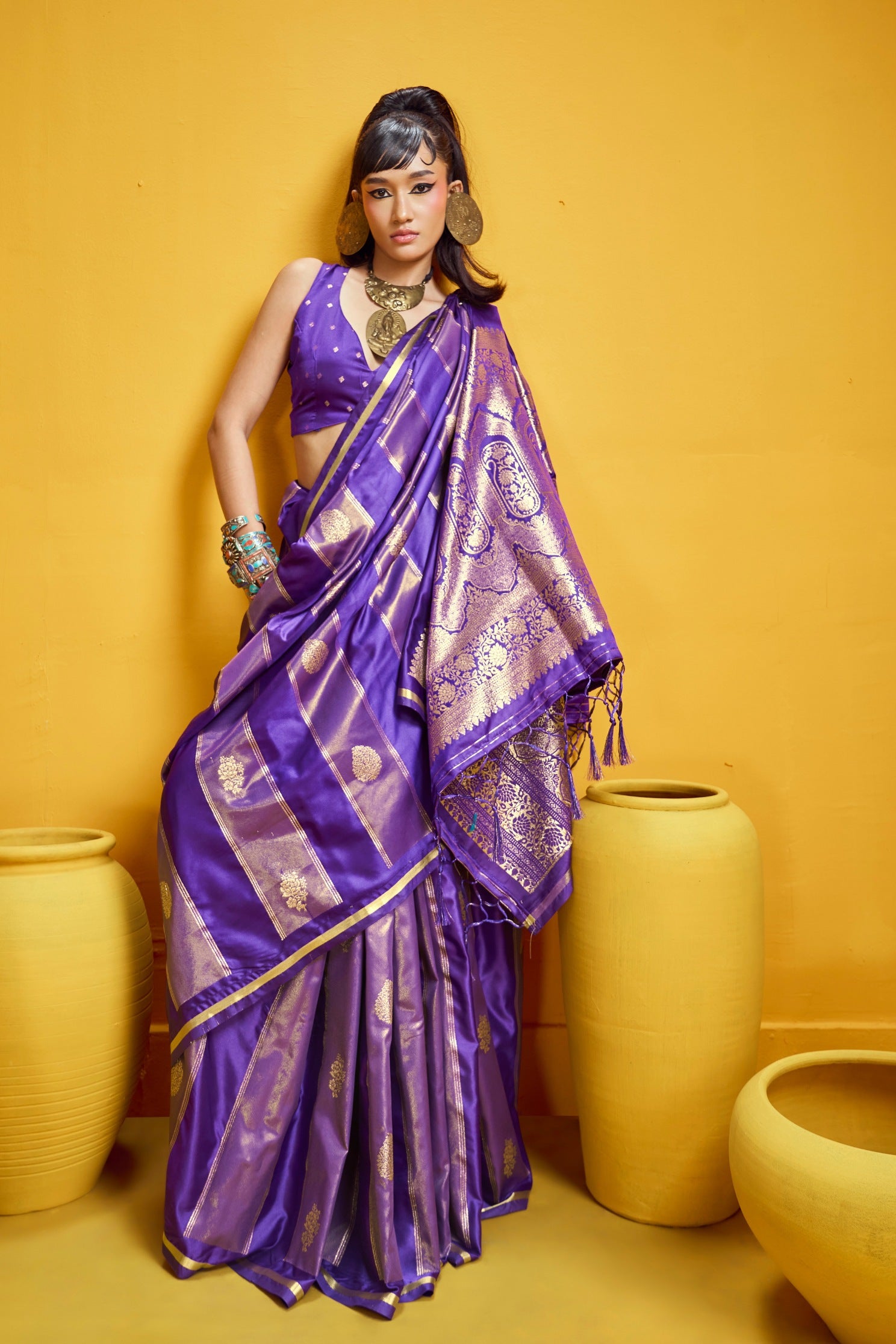Buy MySilkLove Deep Purple Banarasi Handloom Satin Silk Saree Online