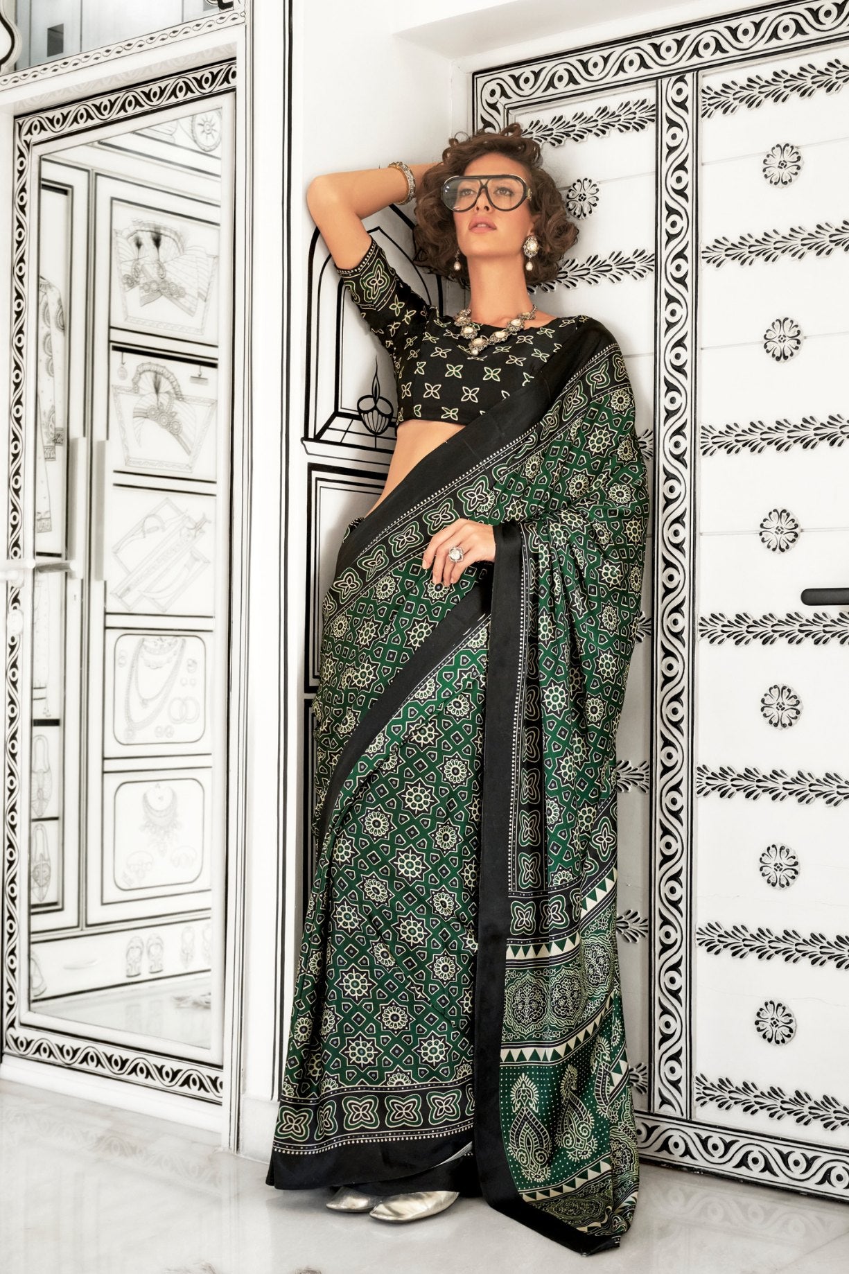 Buy MySilkLove Lunar Green Printed Ajrakh Satin Crepe Saree Online