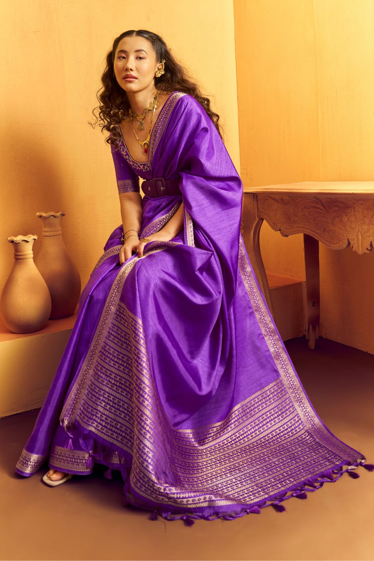 Buy MySilkLove Heliotrope Purple Tussar Handloom Silk Saree Online
