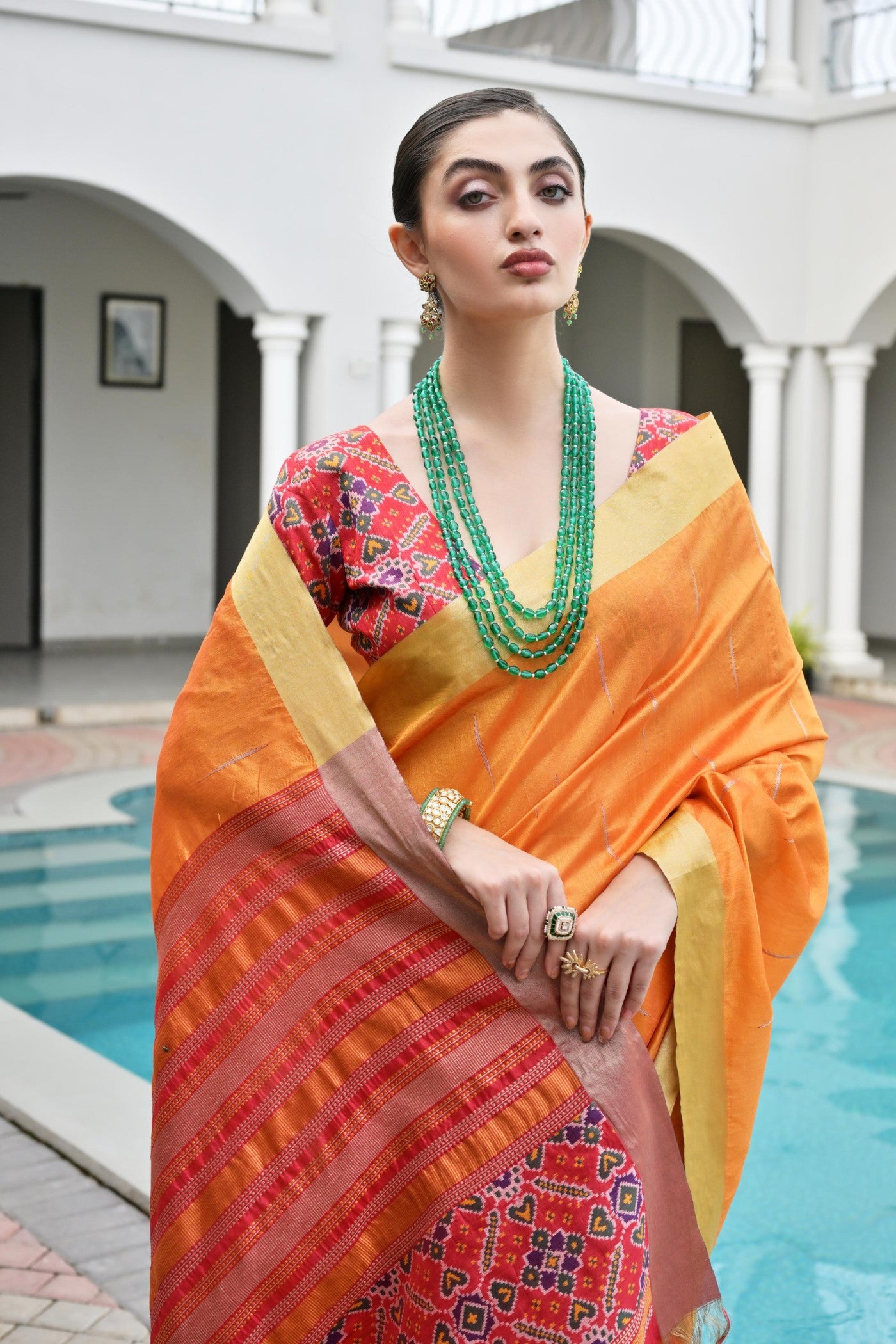 Buy MySilkLove Tiger Orange Meenakari Woven Patola Saree Online