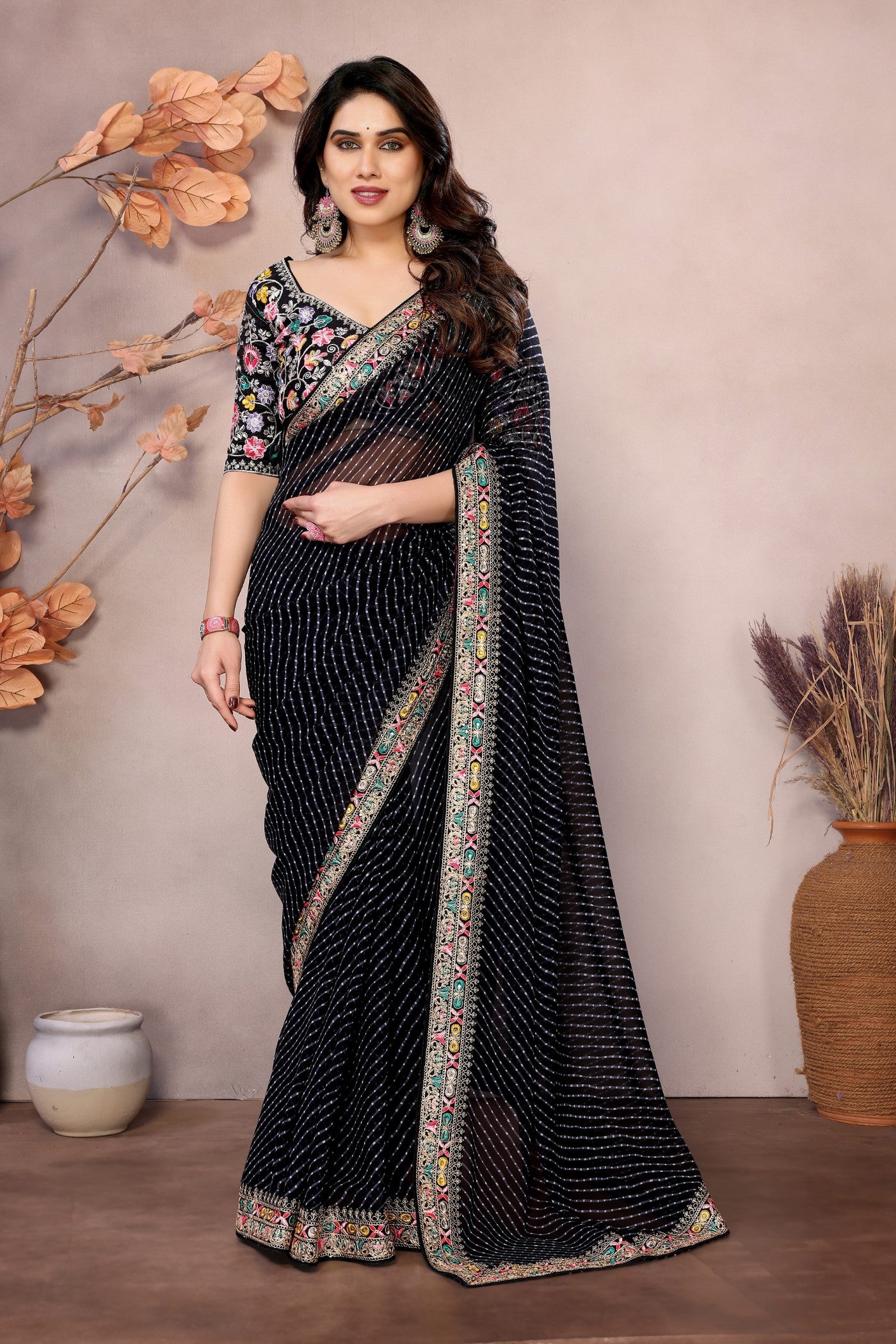 Buy MySilkLove Black Bean Georgette Designer Partywear Saree Online