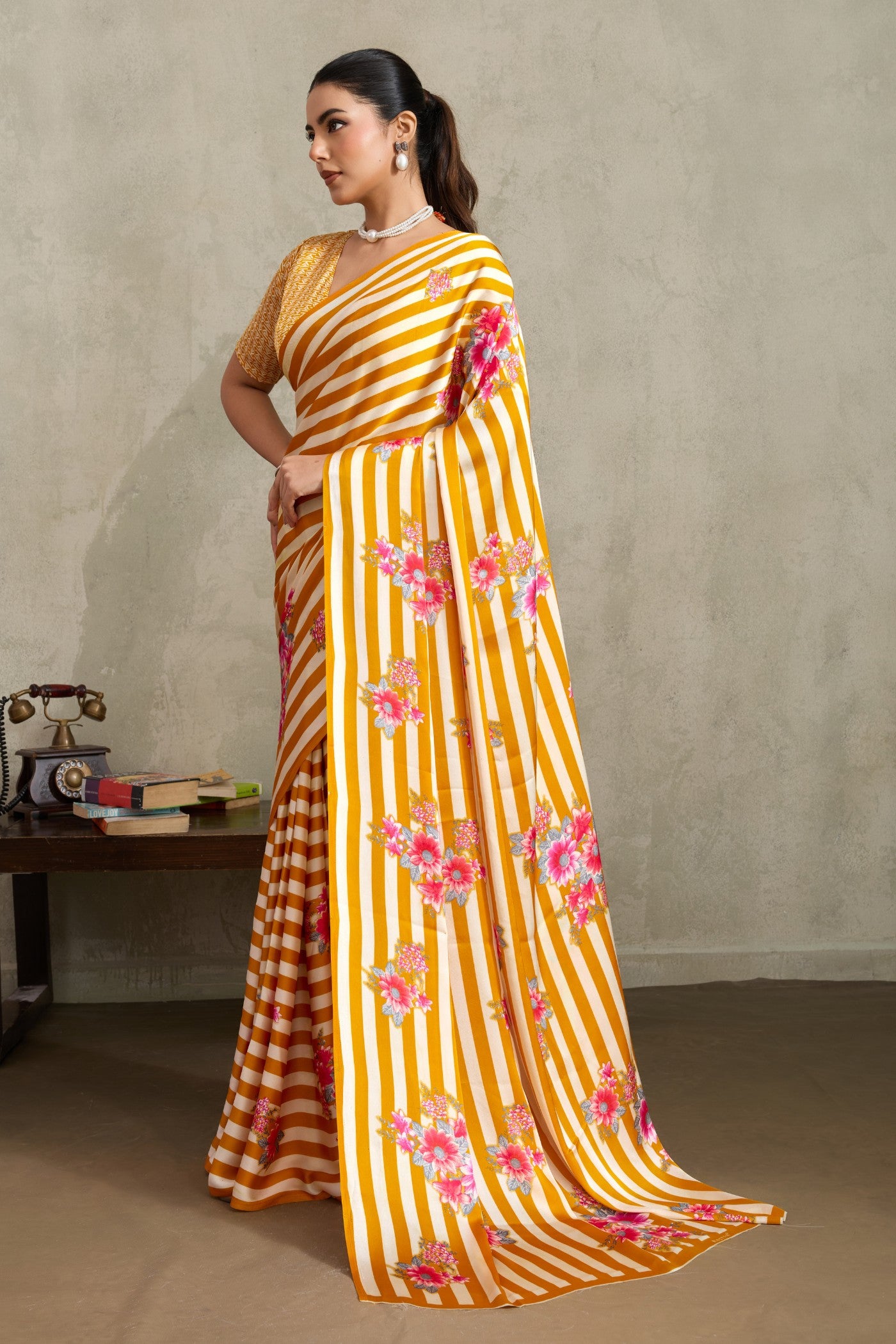 Buy MySilkLove Cyber Yellow Ajrakh Printed Satin Crepe Silk Saree Online