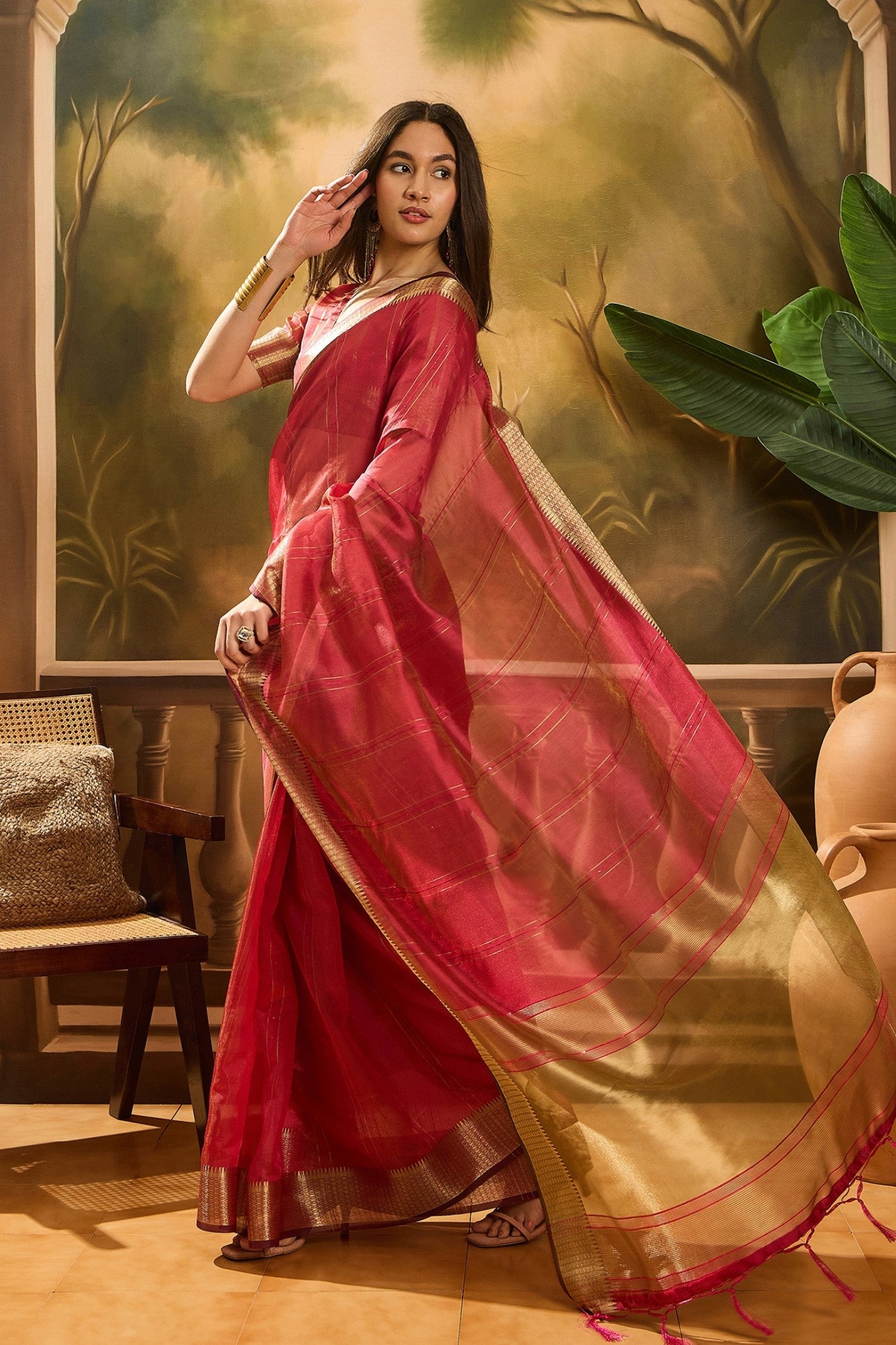 Buy MySilkLove Candy Red Woven Organza Saree Online