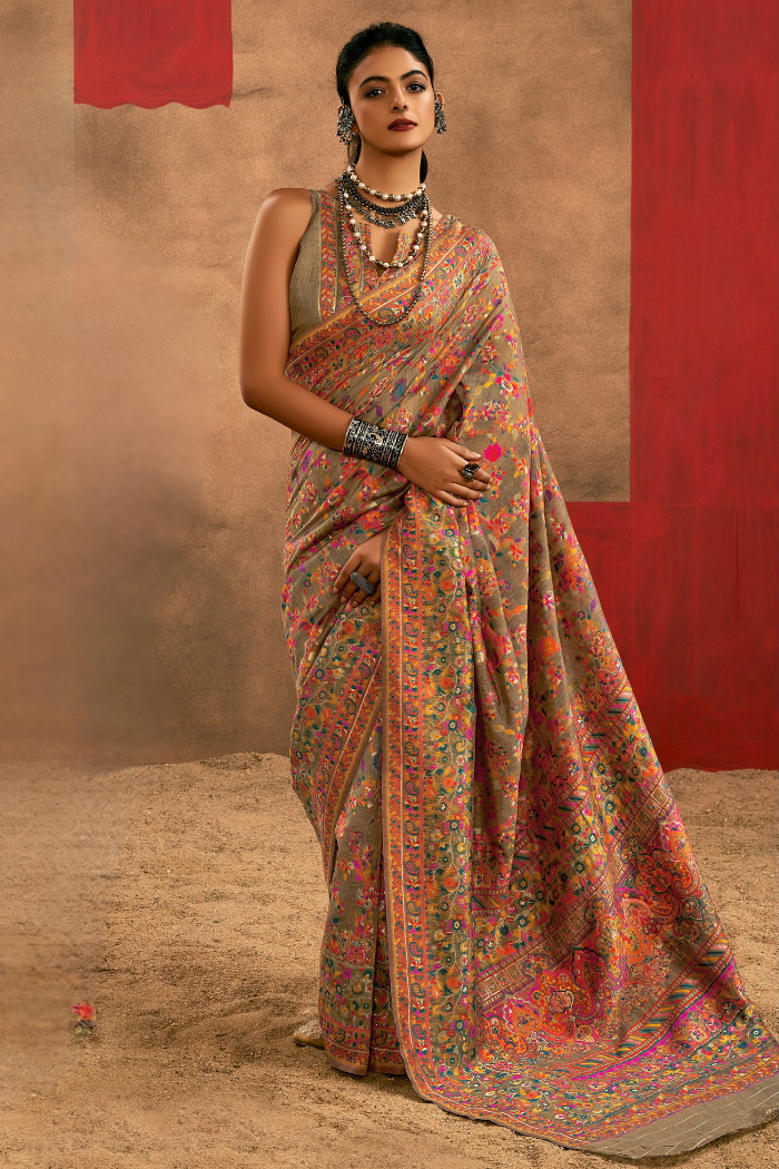 Buy MySilkLove Khaki Brown Kashmiri Handloom Jamewar Saree Online