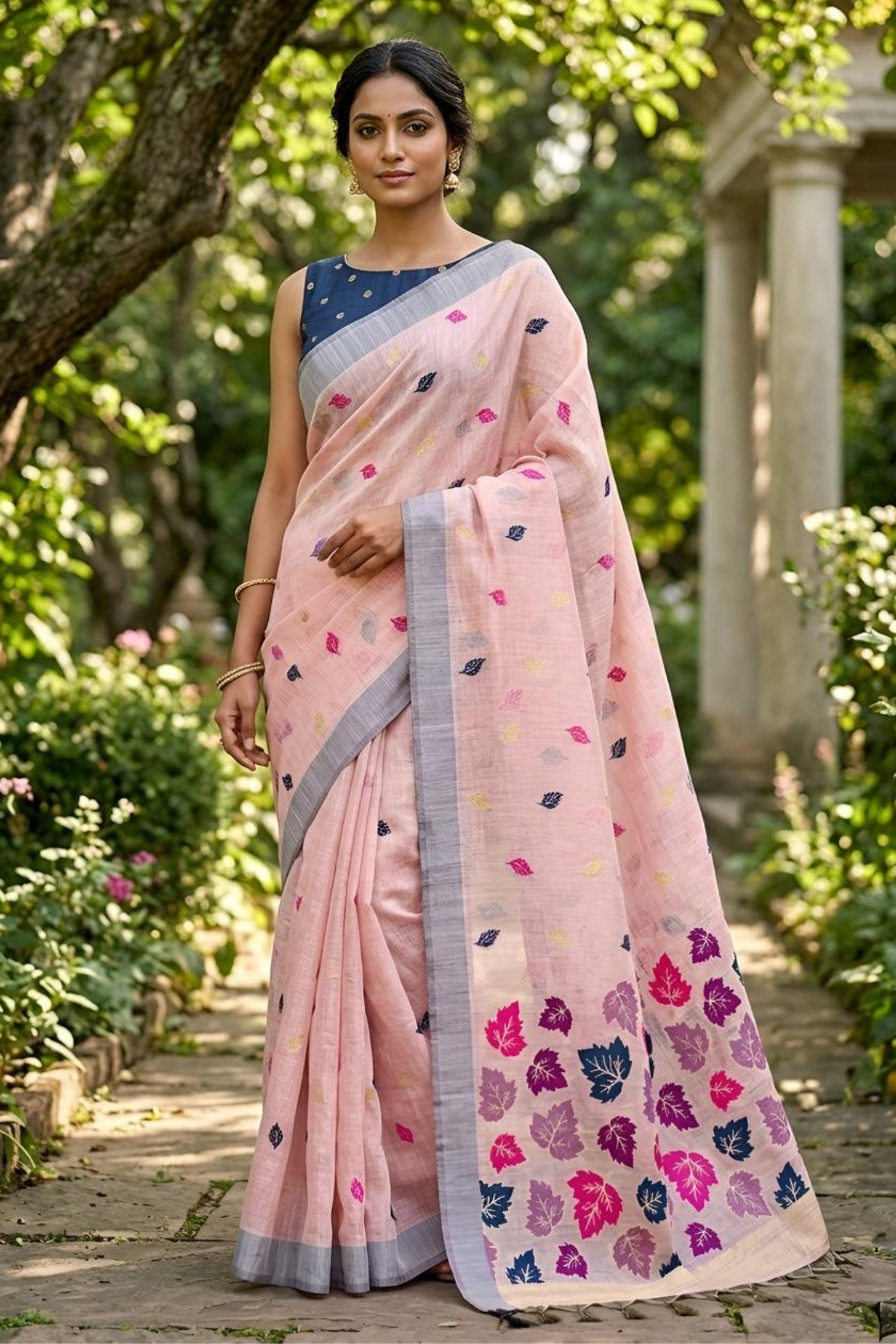 Buy MySilkLove Candy Pink Woven Linen Saree Online