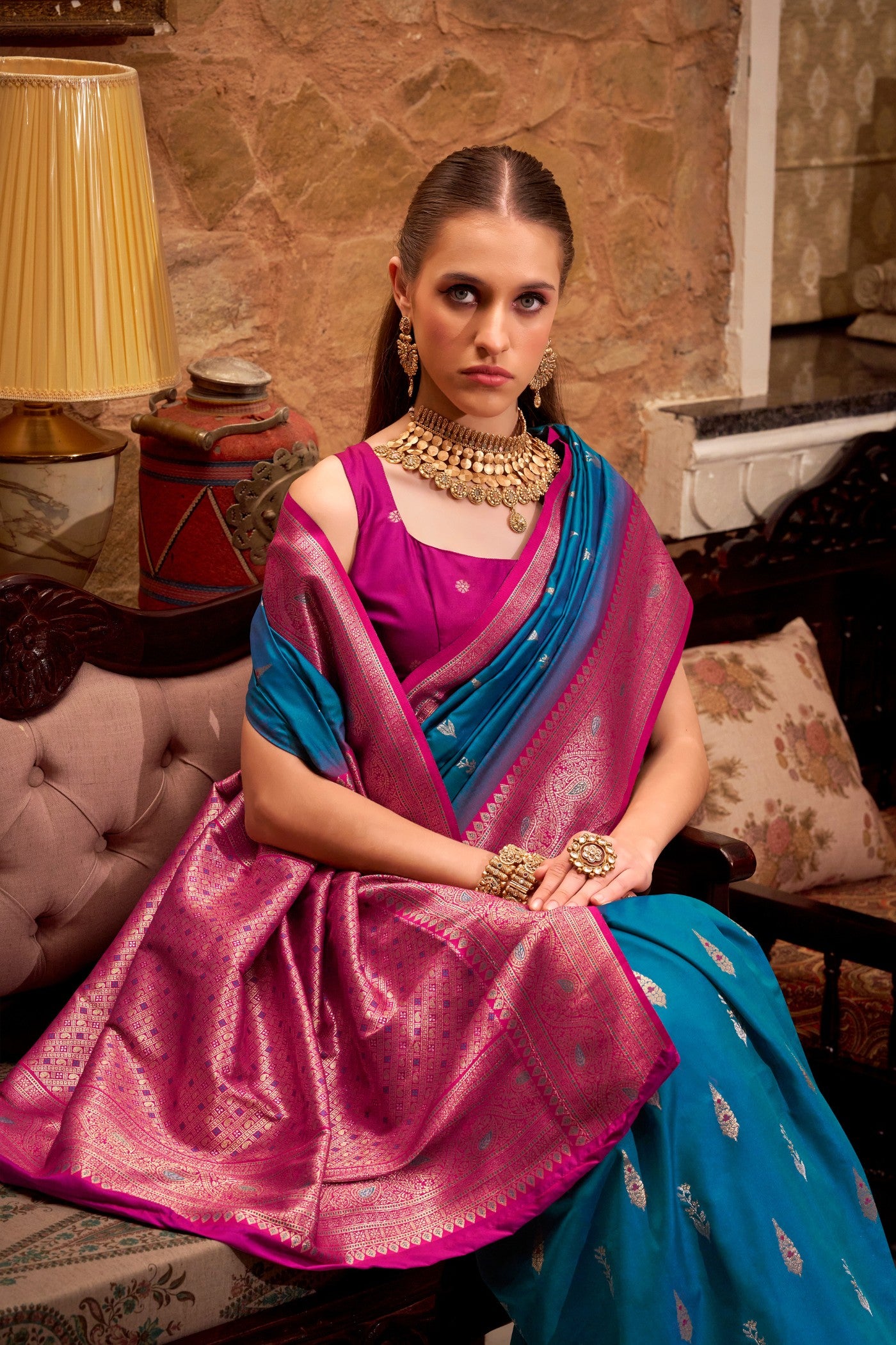 Buy MySilkLove Neon Blue Woven Banarsi Saree Online
