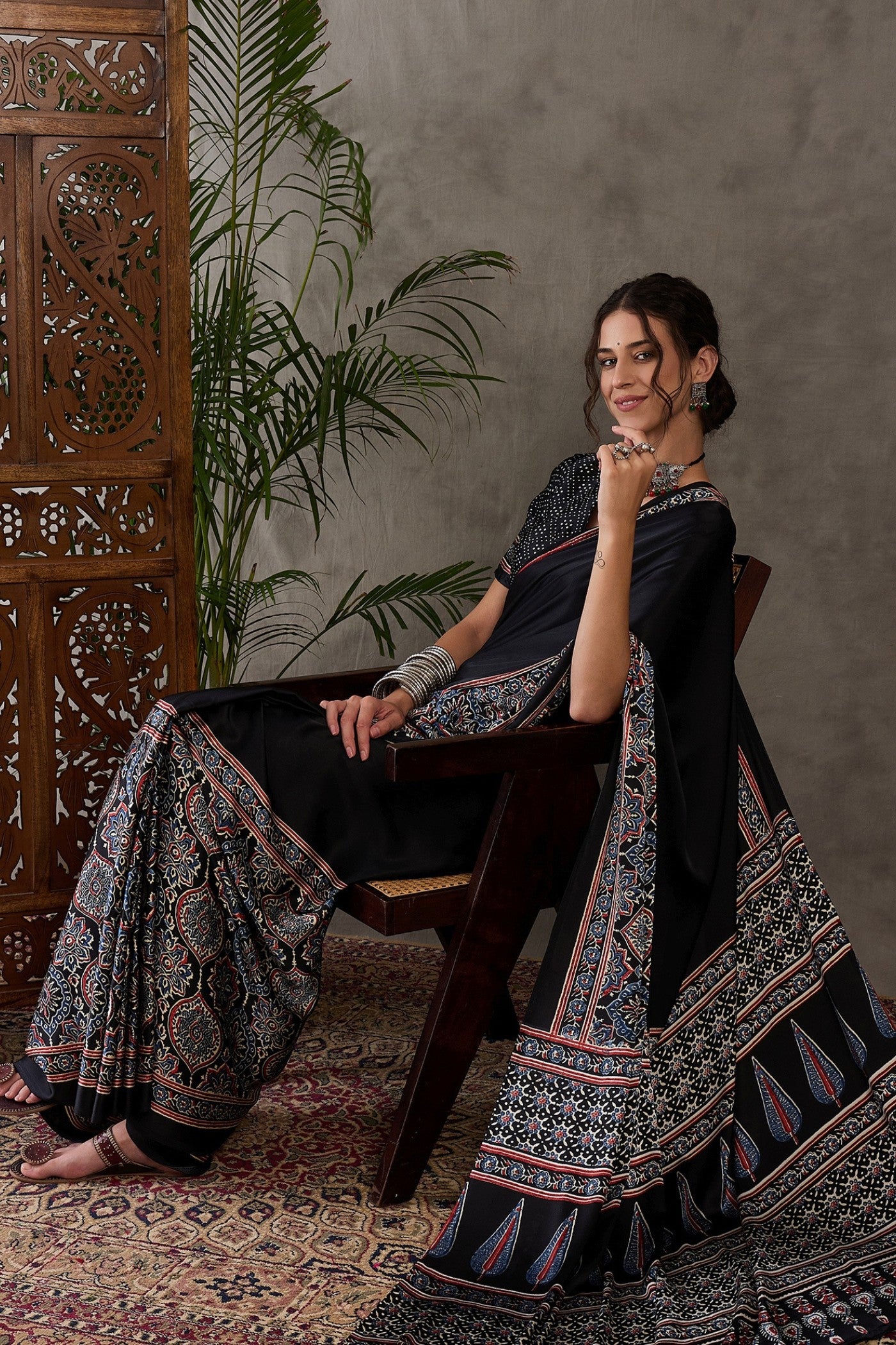 Buy MySilkLove Metal Black Ajrakh Printed Satin Gaji Silk Saree Online