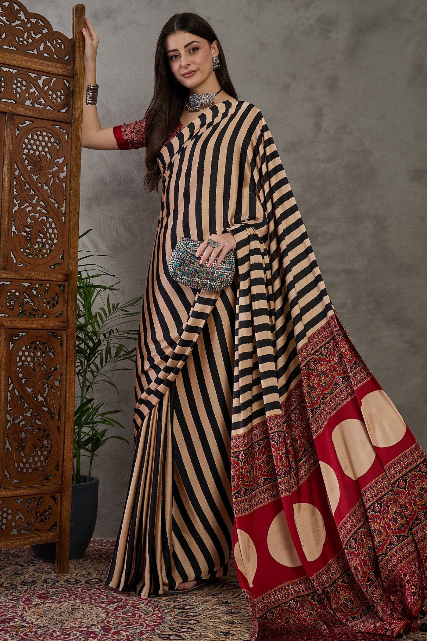 Buy MySilkLove Sonali Kulkarni Inspired: Buff Cream Stripe Ajrakh Printed Satin Gaji Silk Saree Online