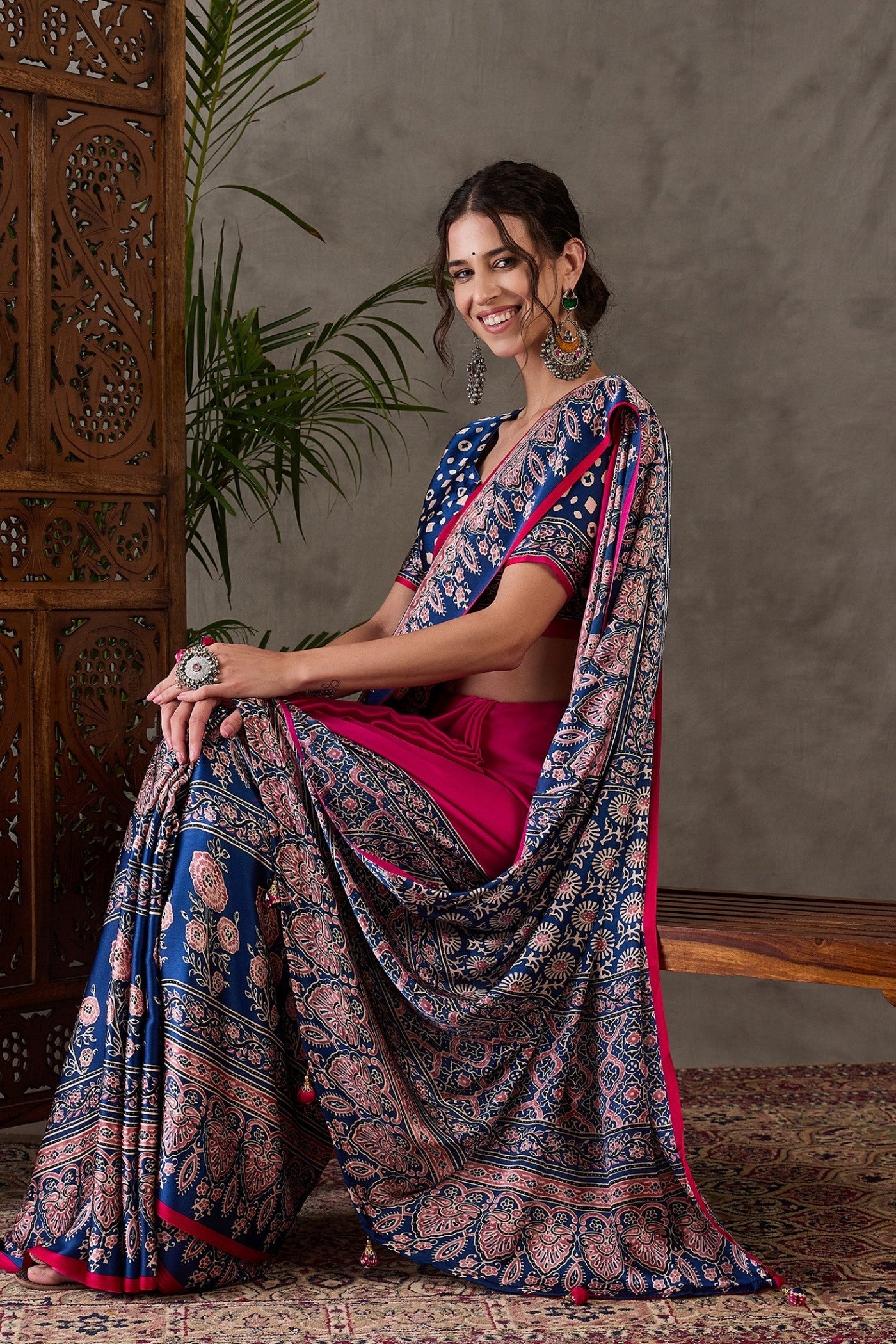Buy MySilkLove Magenta Pink Printed Satin Gaji Silk Saree Online