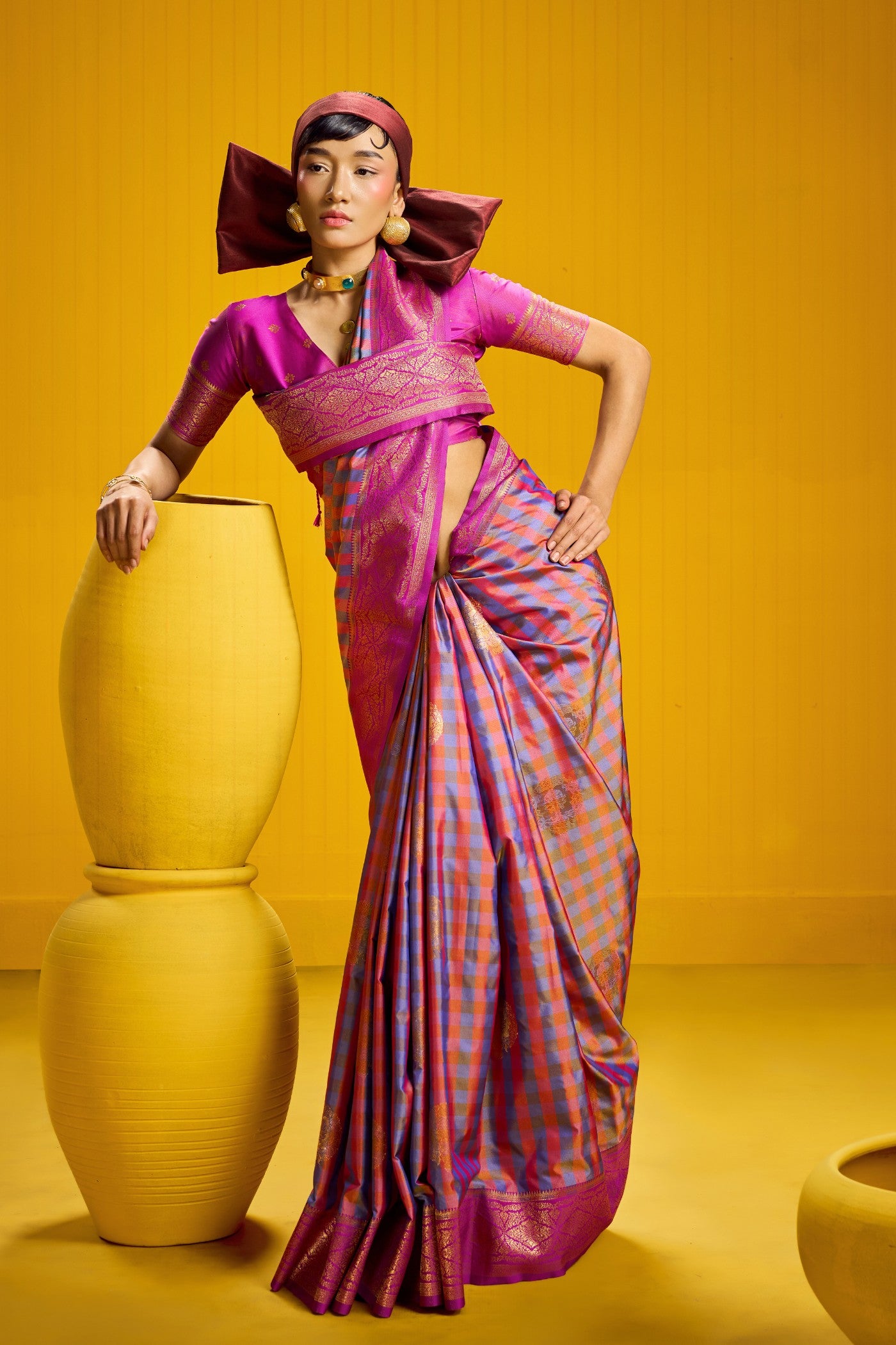 Buy MySilkLove Rebecca Purple Banarasi Two Tone Checks Handloom Saree Online