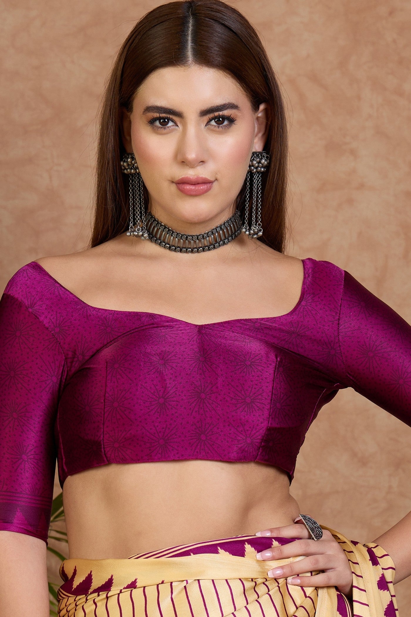 Buy MySilkLove Fawn Cream and Purple Stripe Ajrakh Printed Satin Crepe Silk Saree Online