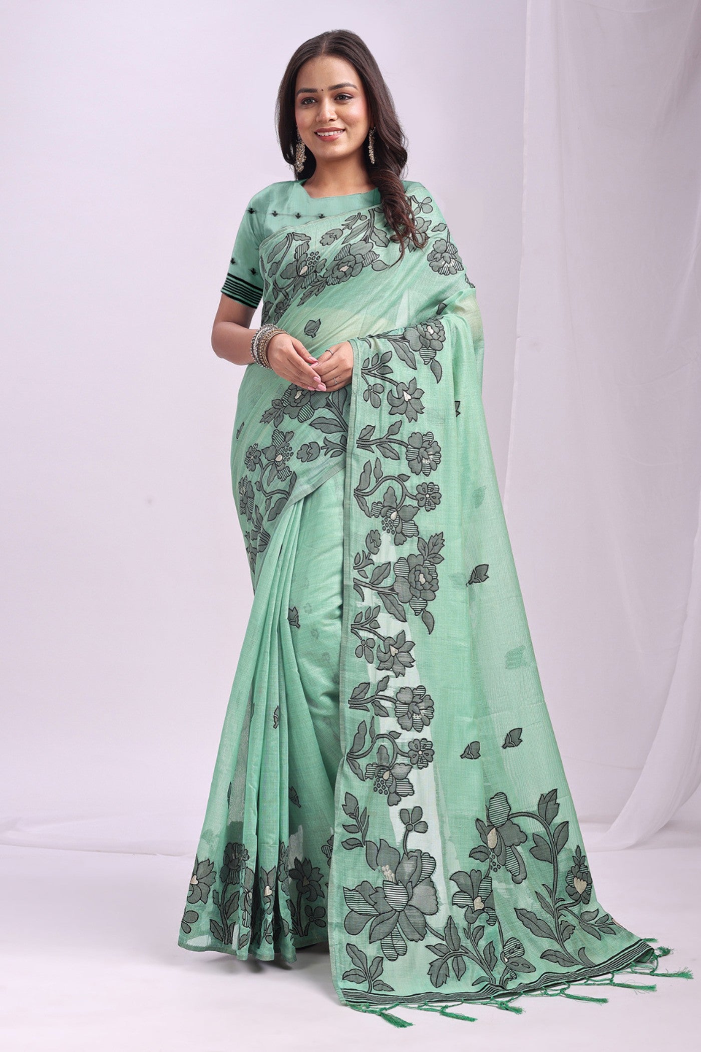 Buy MySilkLove Rama Green Woven Linen Cotton Saree Online