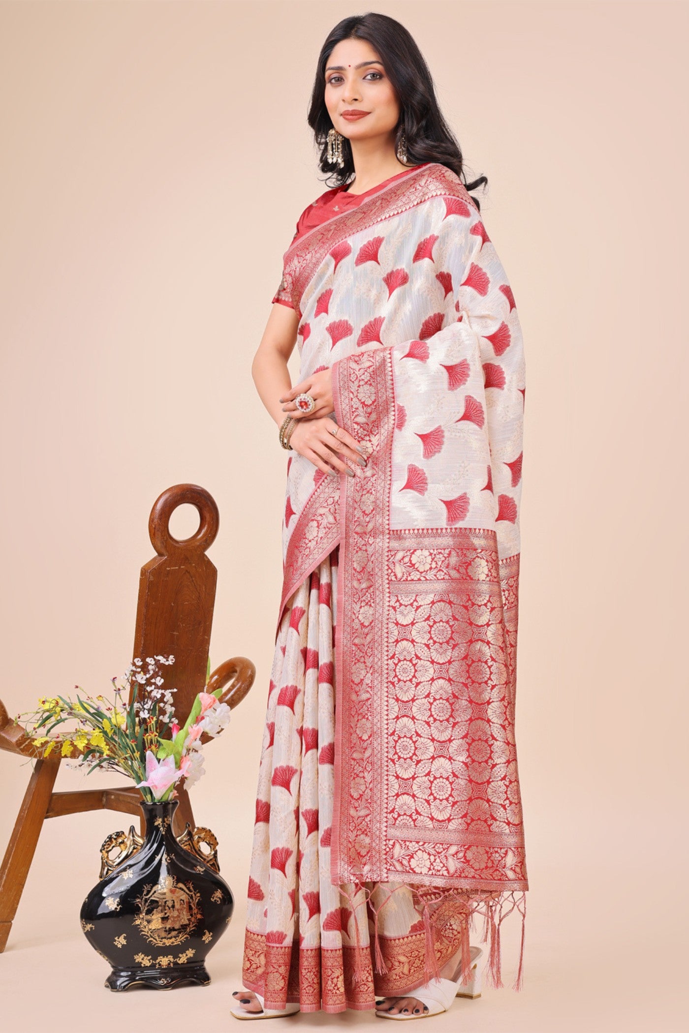Buy MySilkLove Salt White and Red Linen Cotton Saree Online