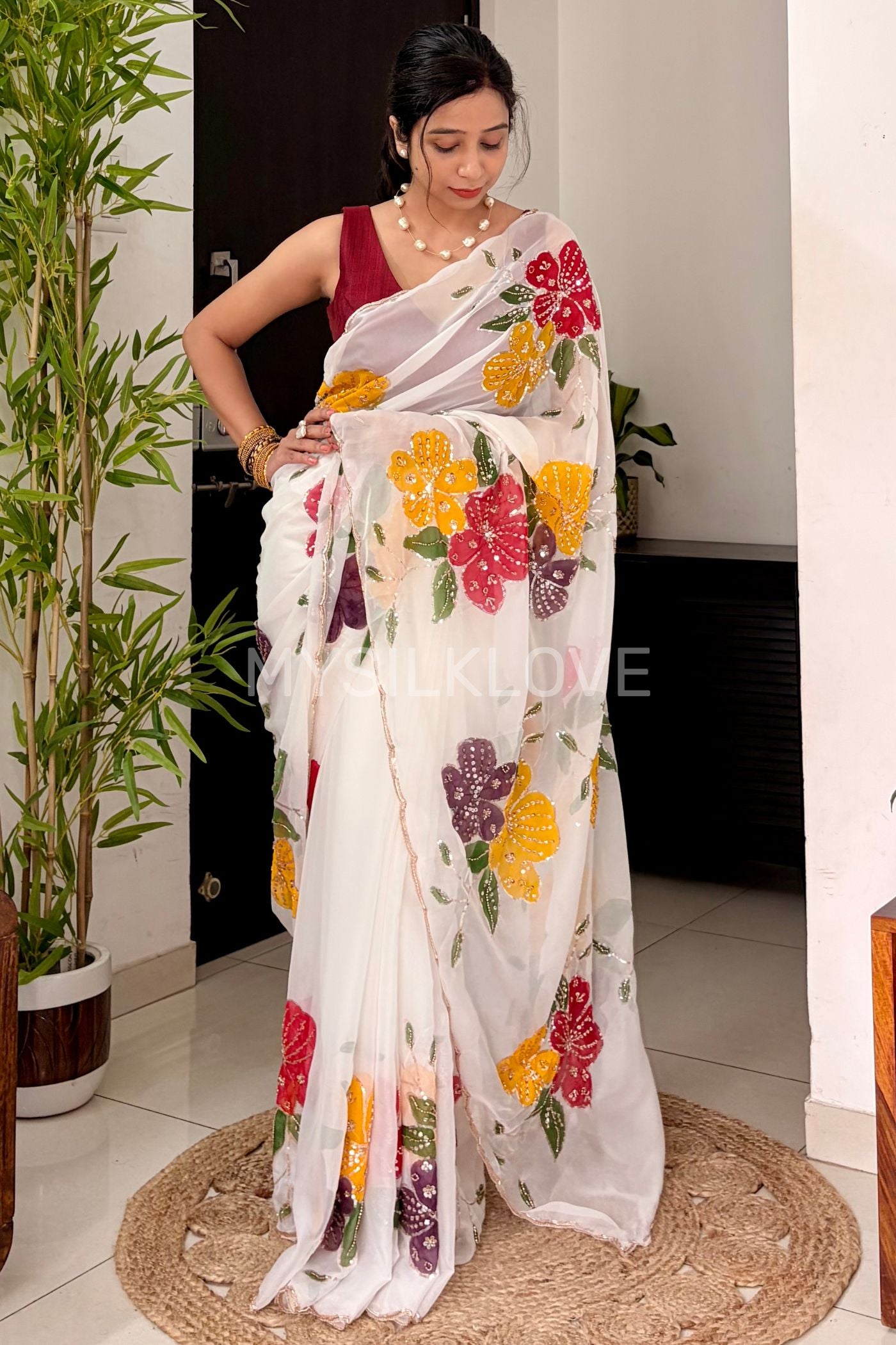 Buy MySilkLove Diamond White Floral Embroidered Organza Saree Online