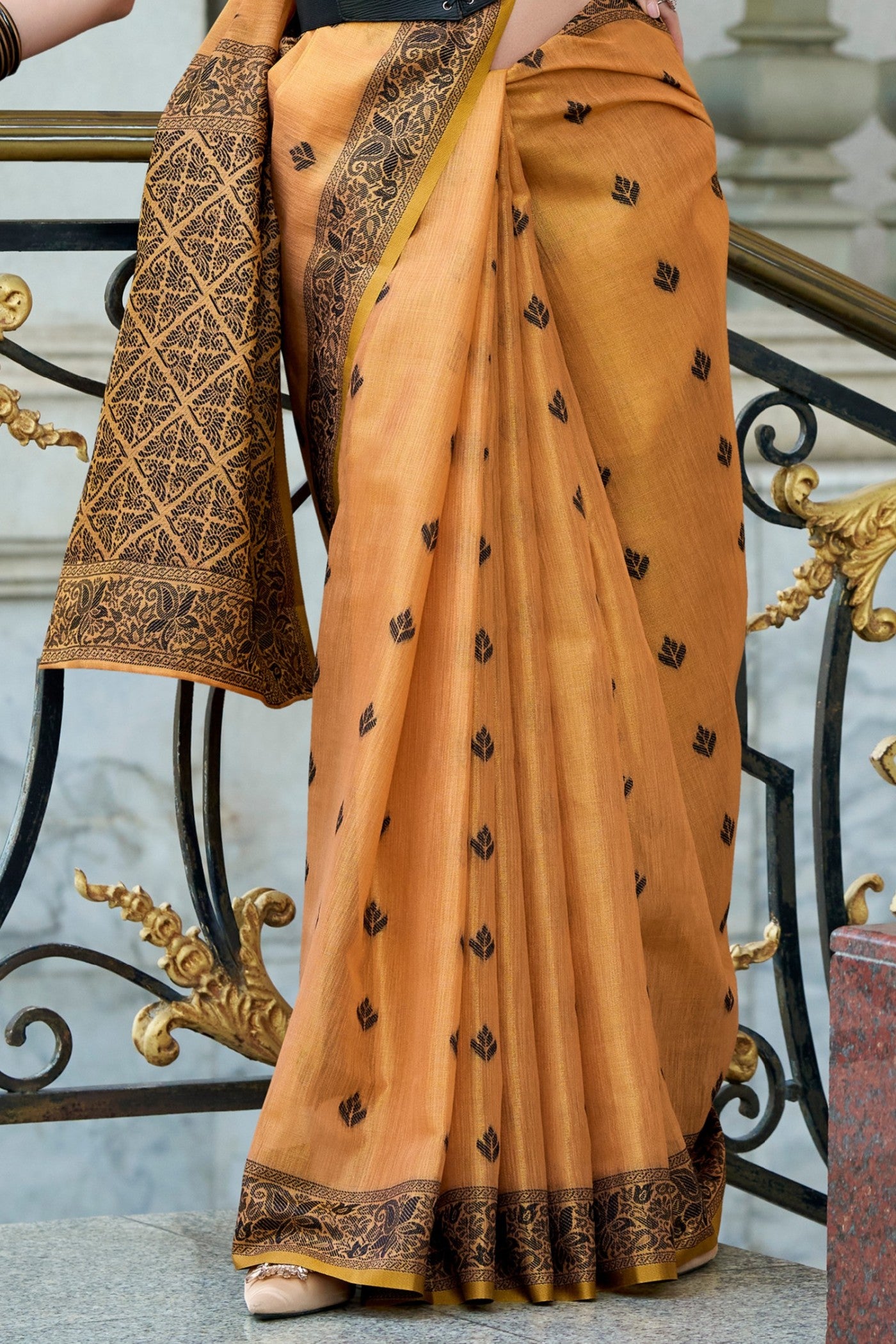 Buy MySilkLove Honey Orange Tissue Linen Saree Online