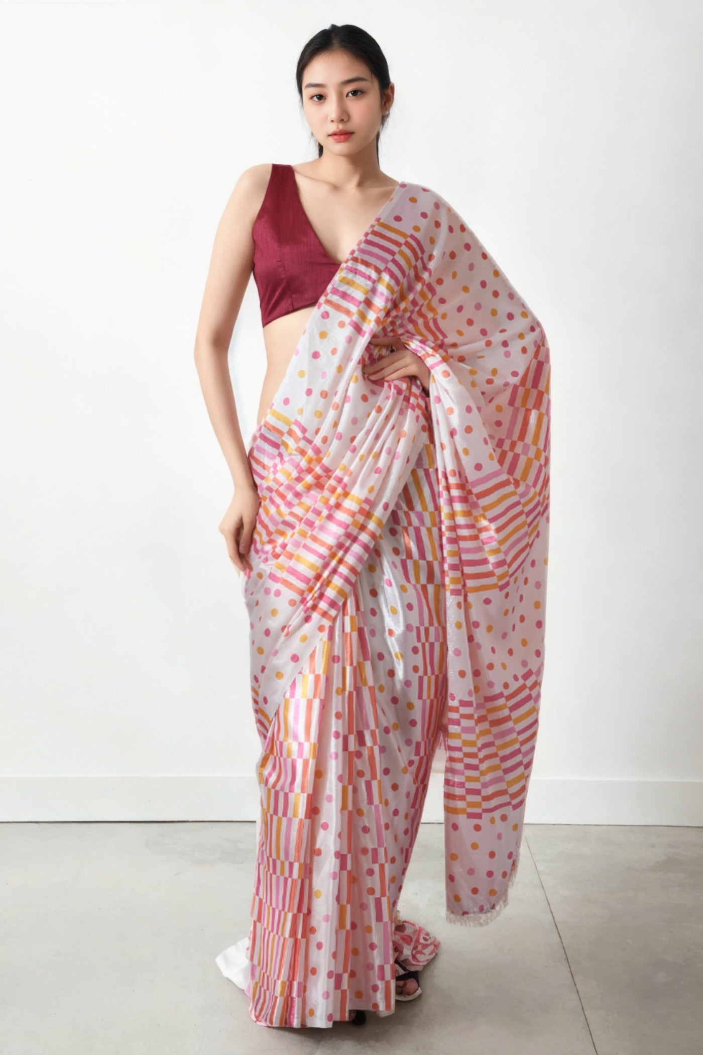 Buy MySilkLove Beauty Pink Chinon Printed Ready To Wear Saree Online