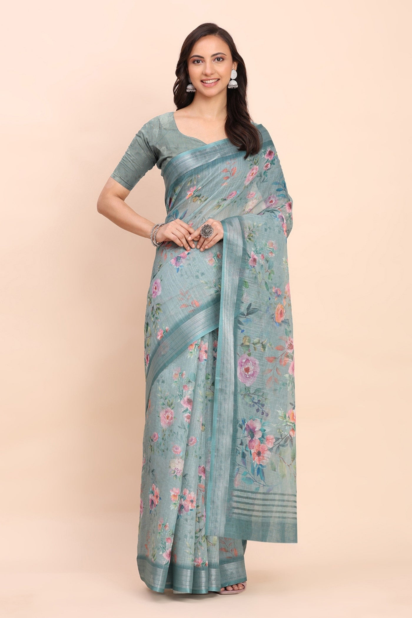 Buy MySilkLove Electric Blue Woven Linen Cotton Saree Online