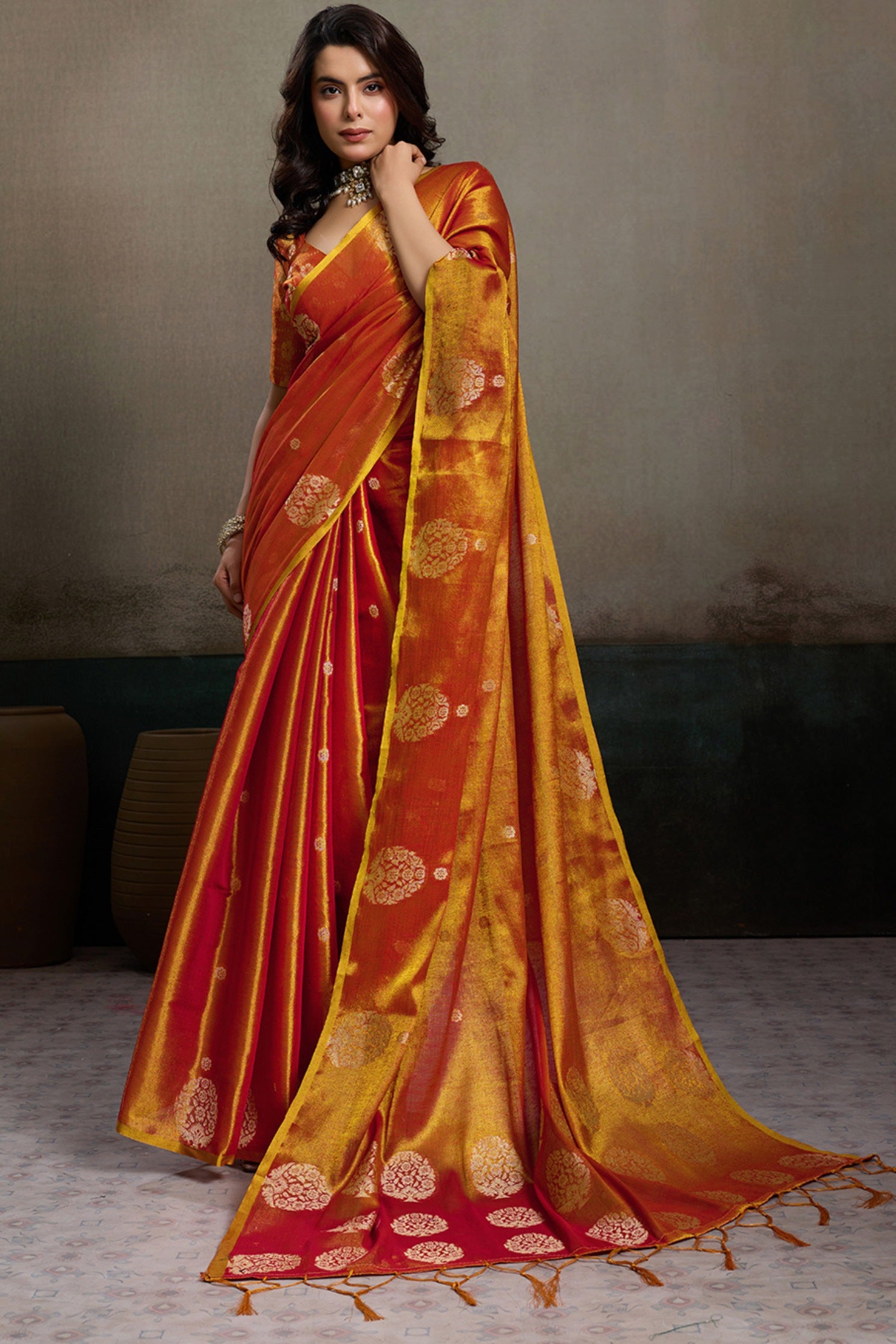 Buy MySilkLove Terracotta Orange Woven Tissue Saree Online