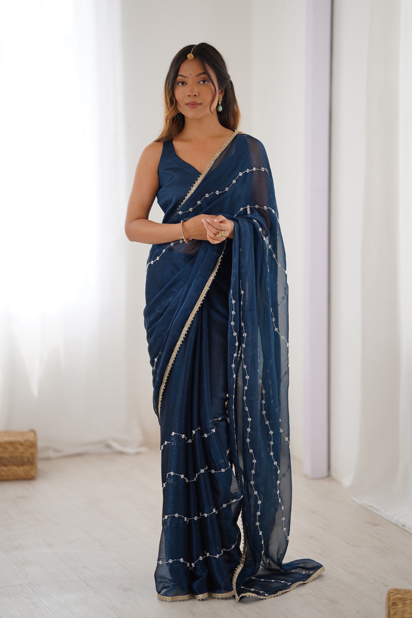 Buy MySilkLove Navy Blue Chiffon Partywear Saree Online