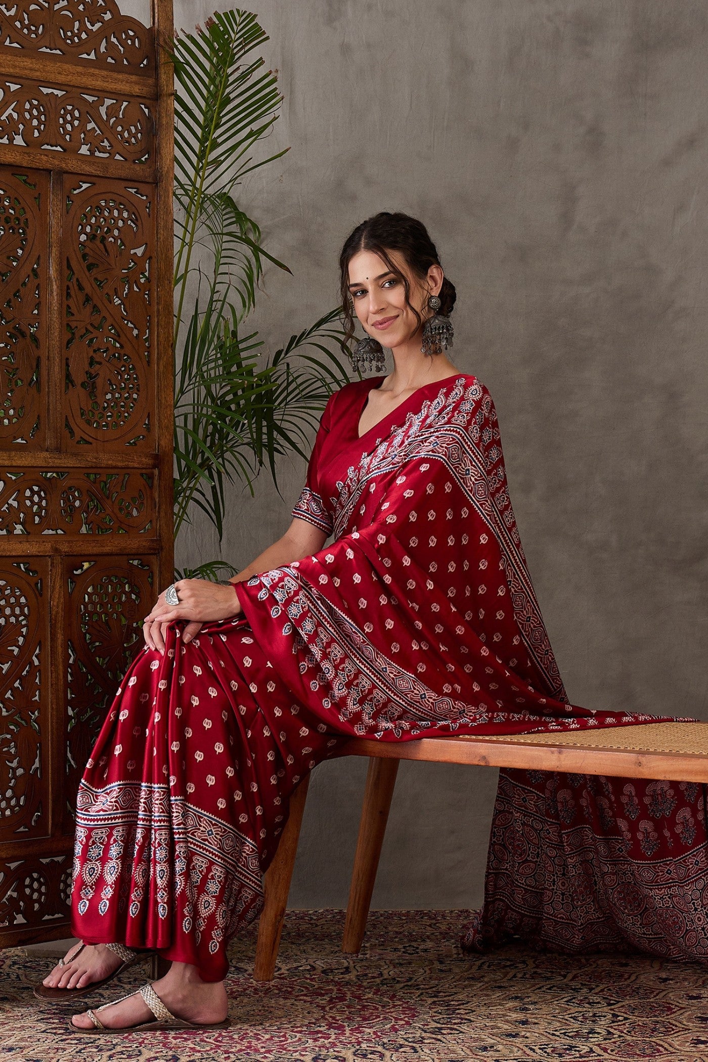 Buy MySilkLove Dark Rose Red Printed Satin Gaji Silk Saree Online