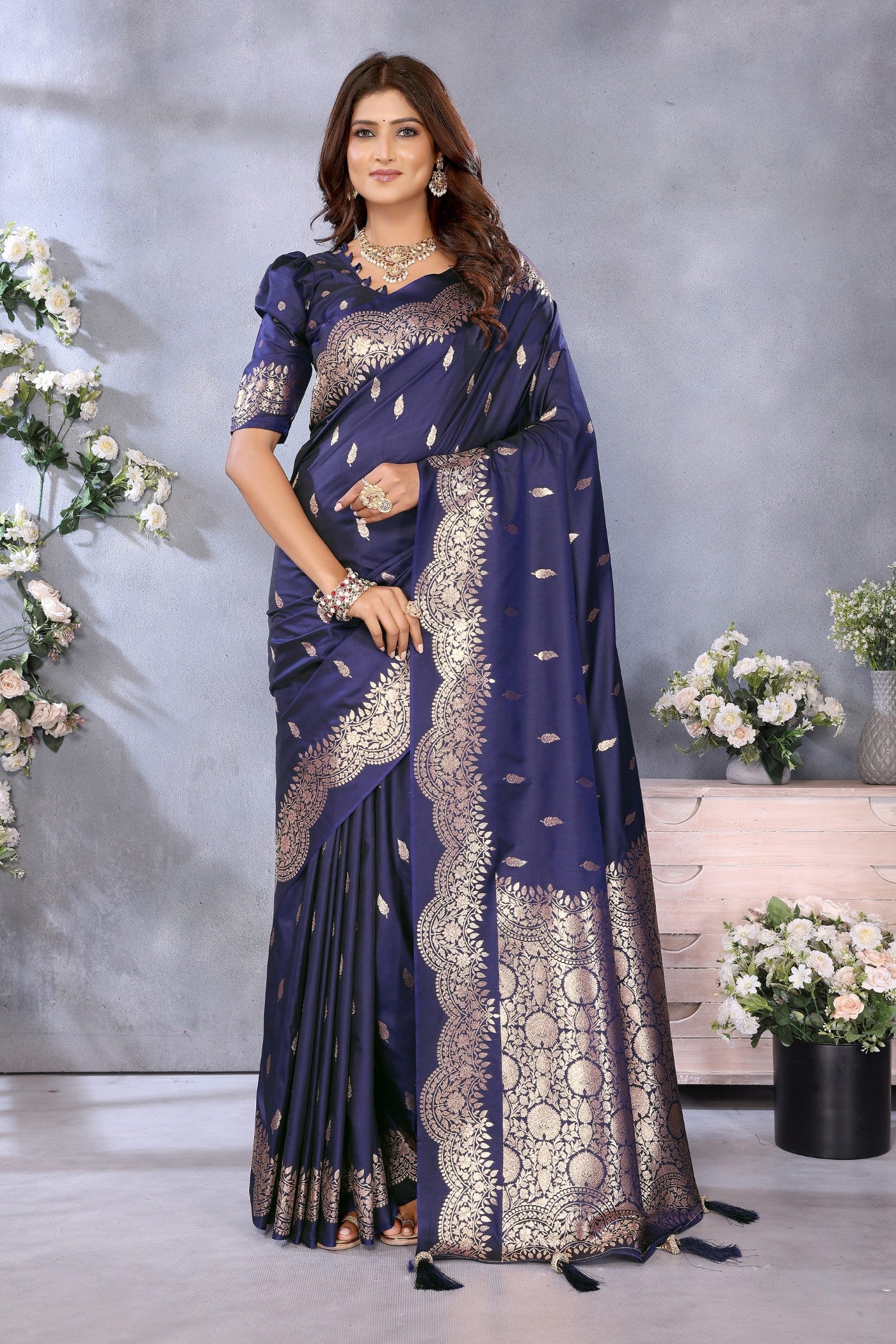 Buy MySilkLove Mulled Blue Woven Banarasi Saree Online