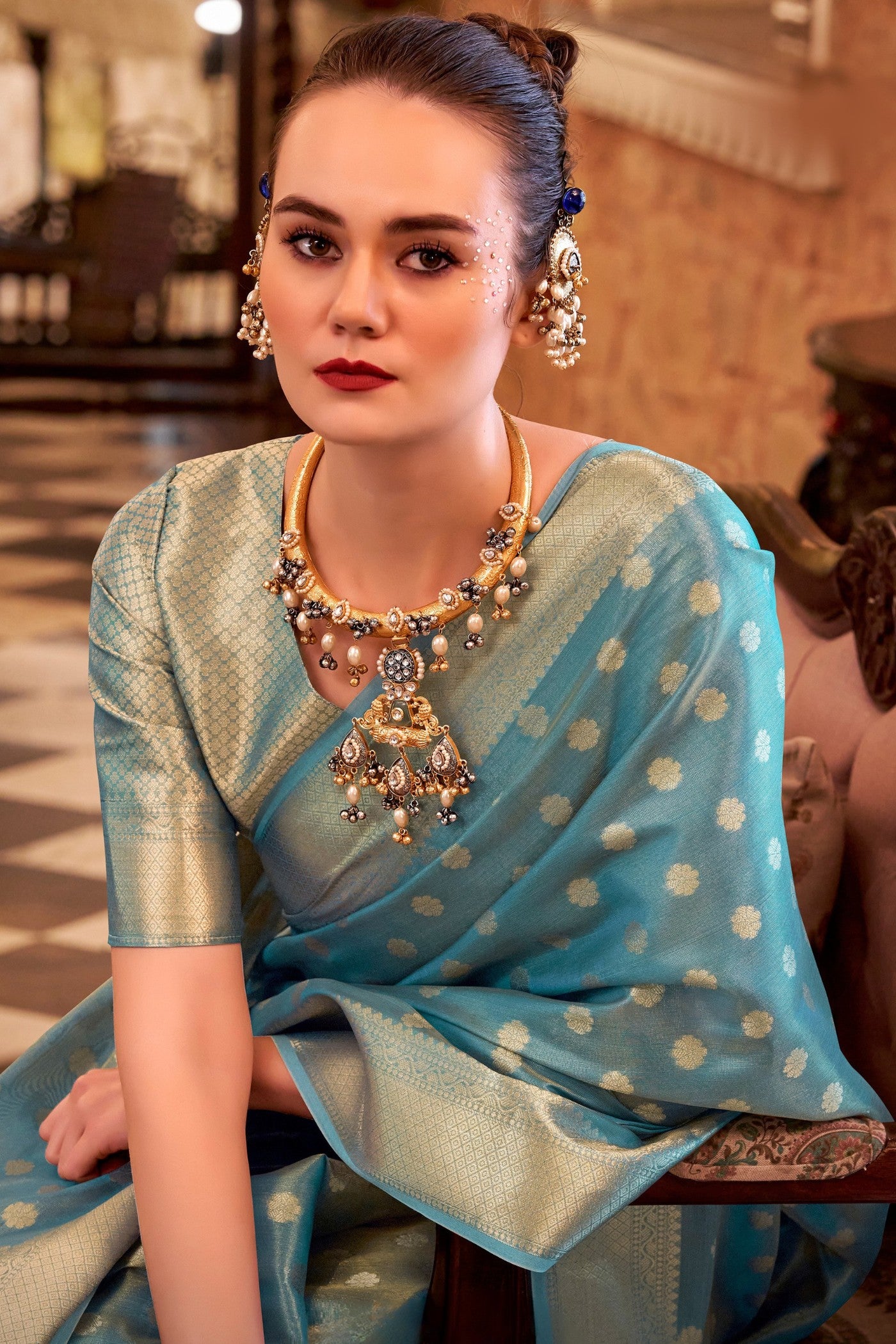 Buy MySilkLove Yale Blue Woven Tissue Silk Saree Online