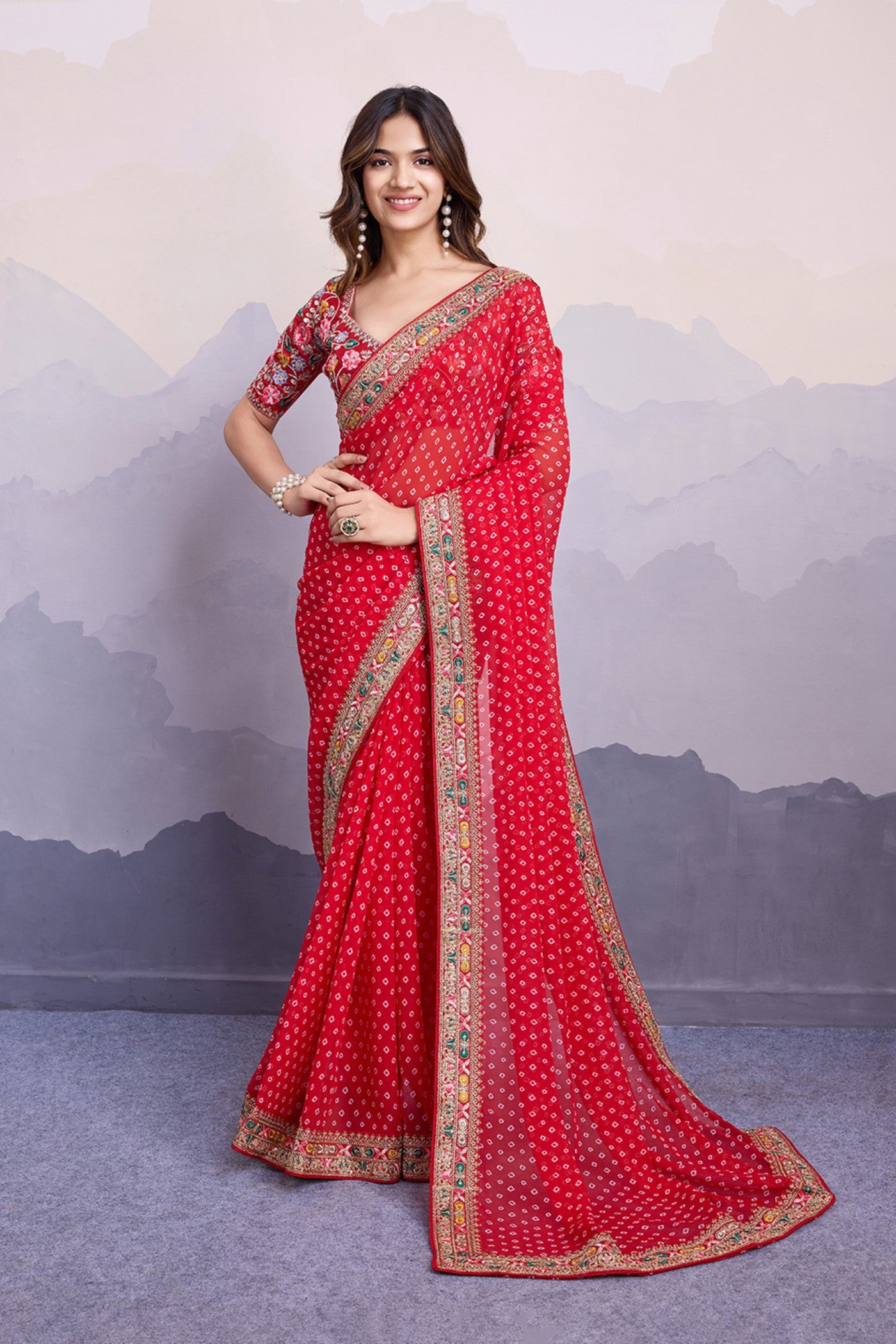 Buy MySilkLove Rusty Red Bandhani Georgette Printed Partywear Saree Online