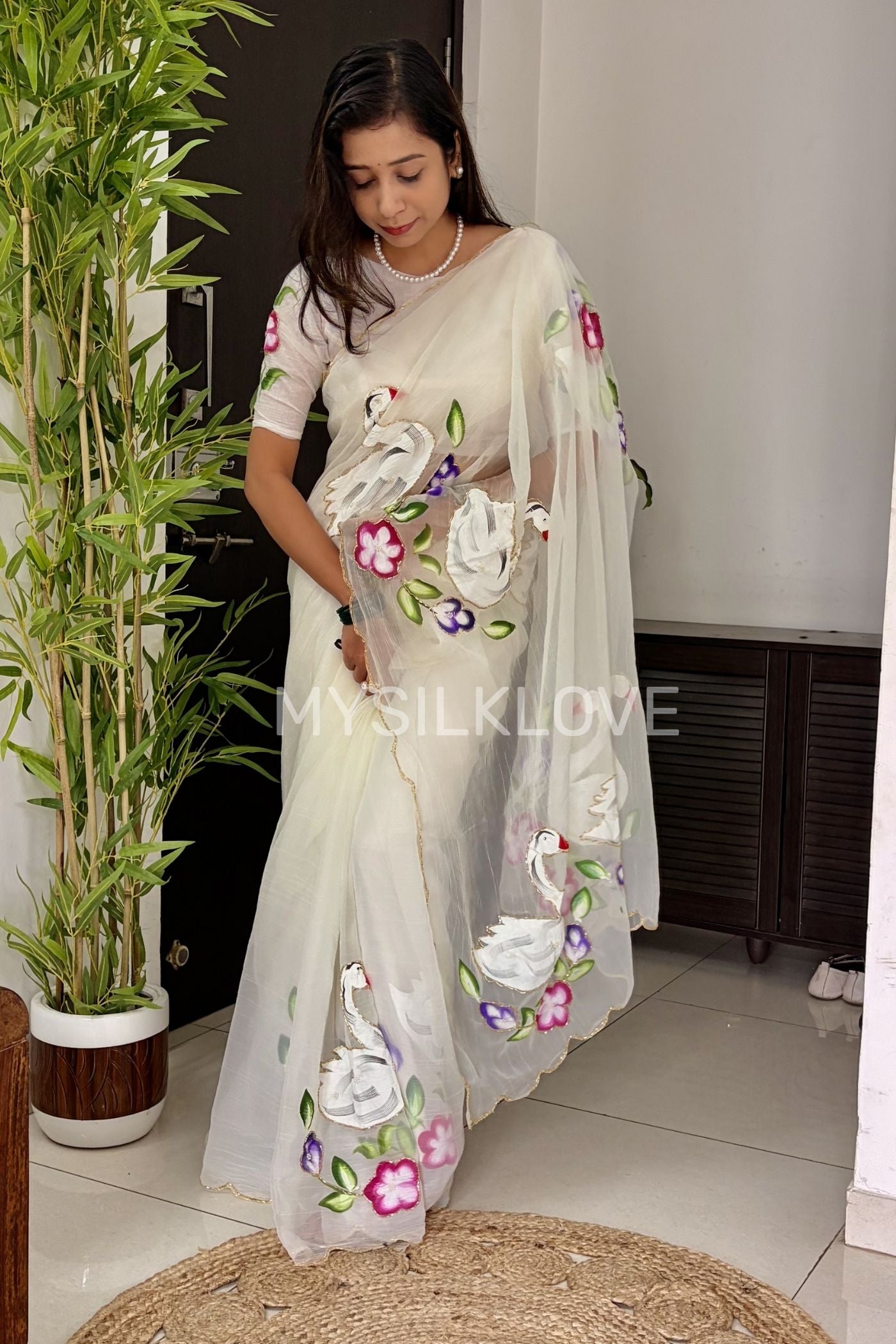 Buy MySilkLove Swiss White Chiffon Hand painted Floral Saree With sequin Woven Border Without Blouse Online