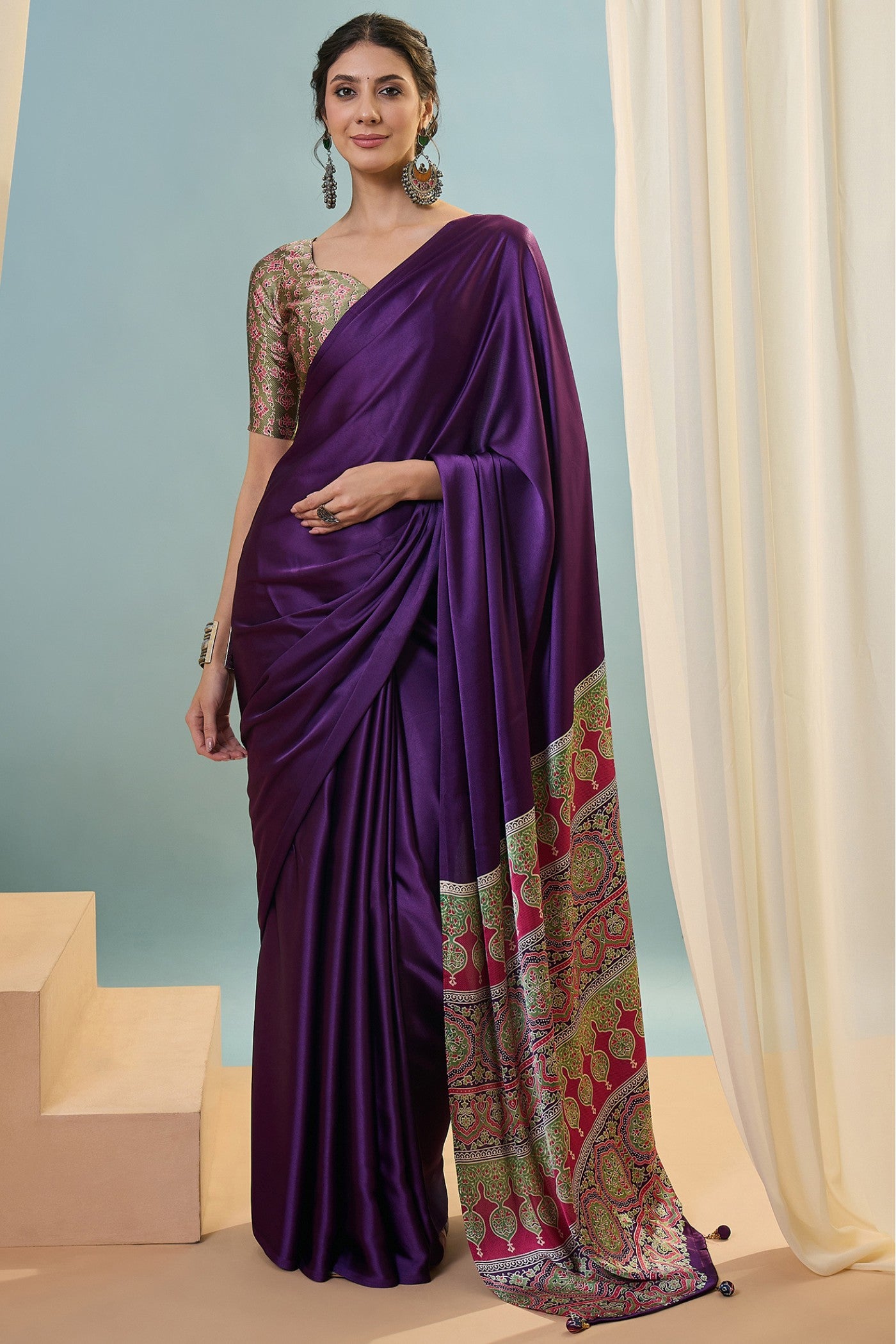 Buy MySilkLove Starlit Purple Ajrakh Printed Satin Crepe Silk Saree Online