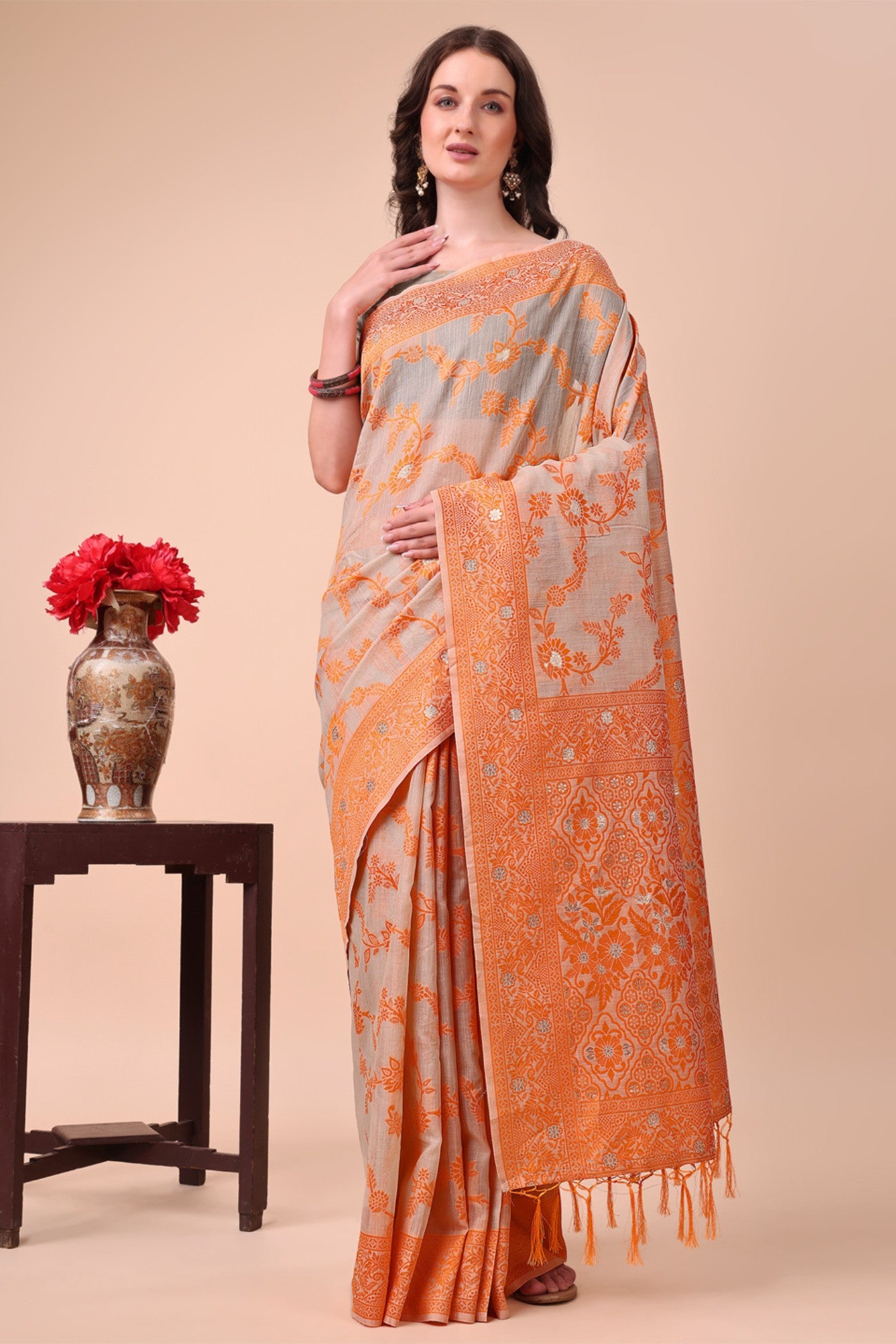 Buy MySilkLove Squash Orange Woven Cotton Saree Online