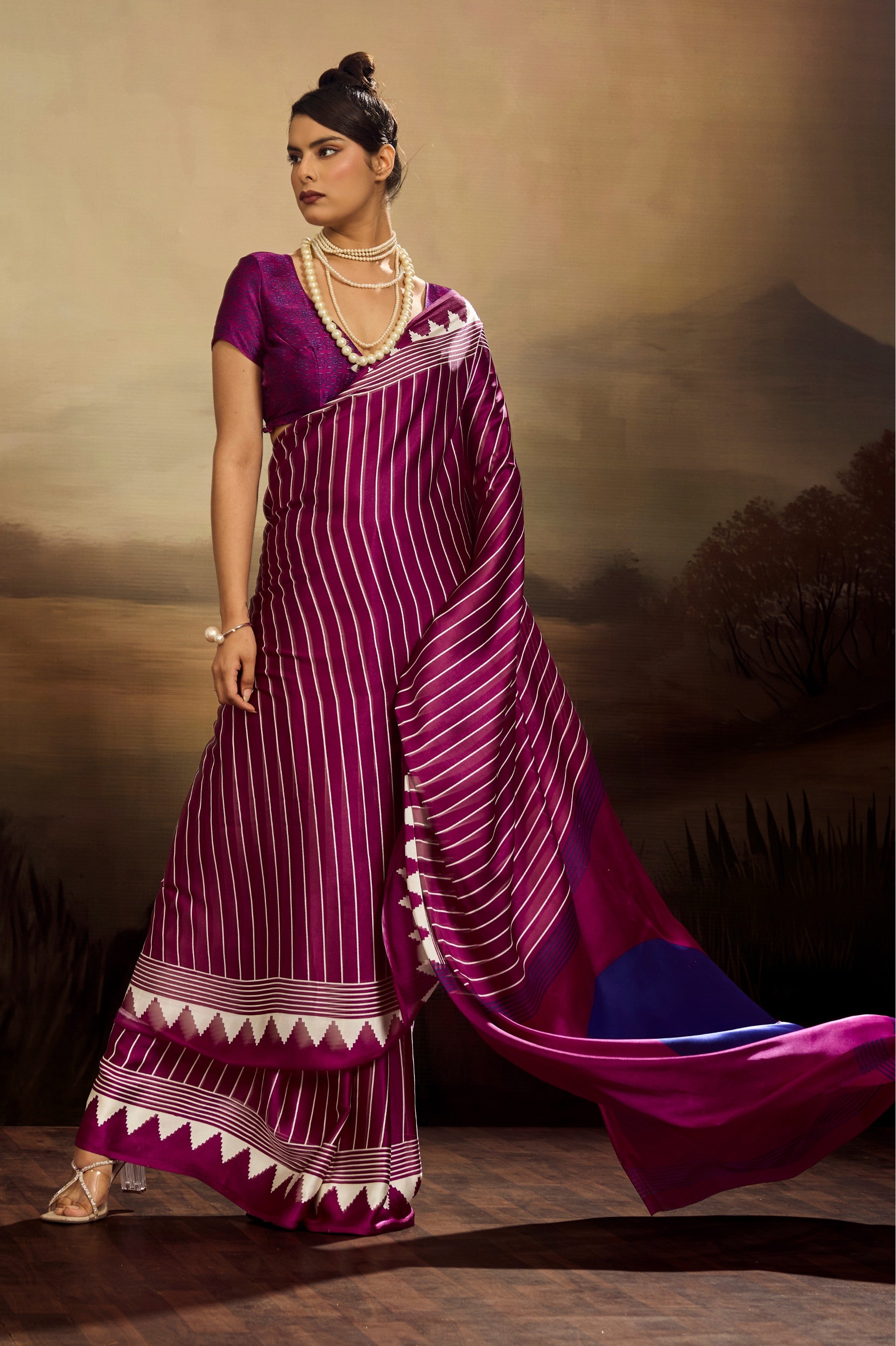 Buy MySilkLove Honey Flower Purple Ajrakh Printed Satin Crepe Silk Saree Online