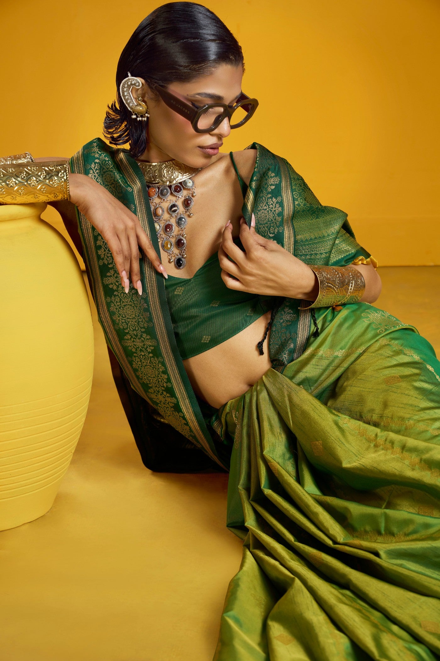 MySilkLove Verde Green Banarasi Handloom Soft Silk Saree