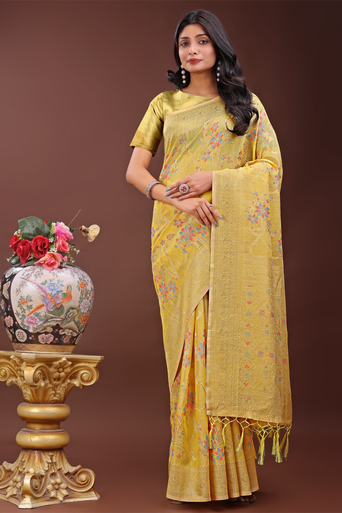 Buy MySilkLove Fuel Yellow Linen Cotton Saree Online