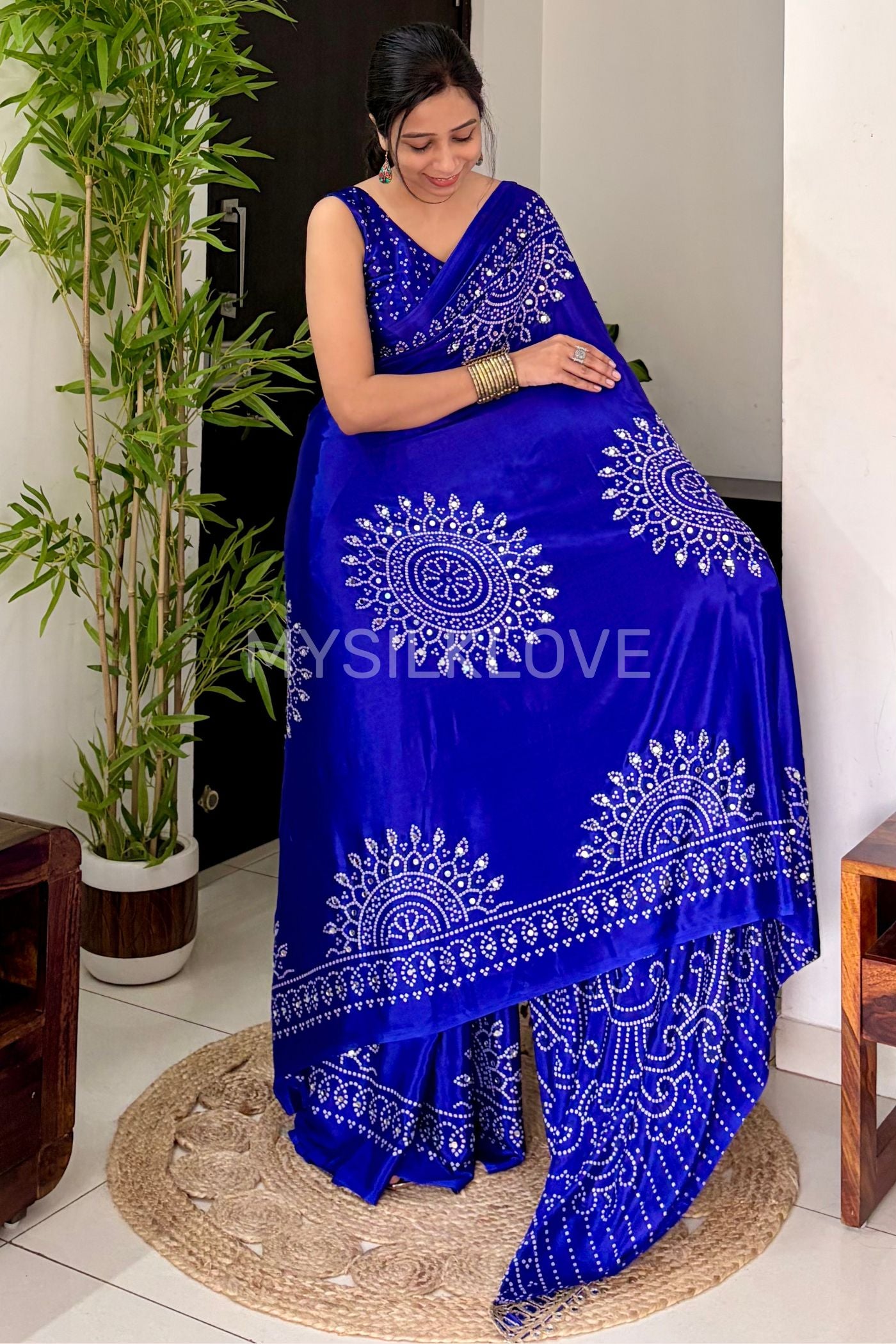 Buy MySilkLove Prussian Blue Bandhani Gaji Satin Mirror Work Silk Crepe Saree Online