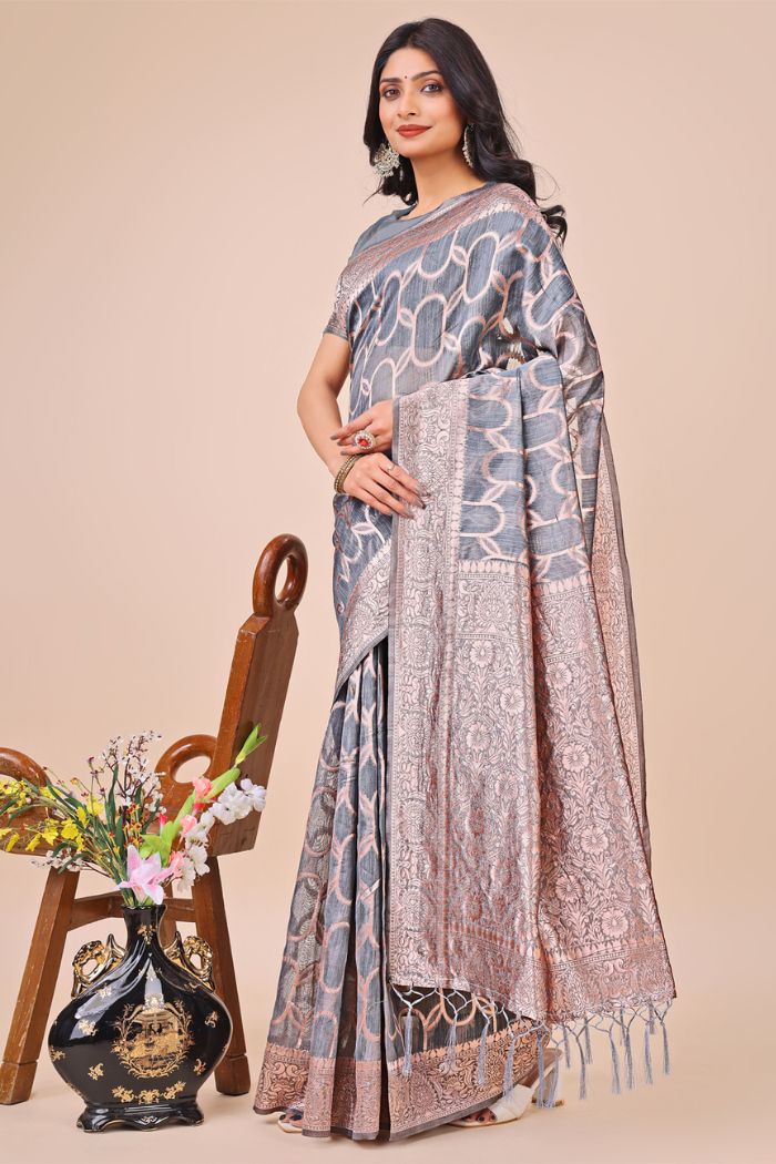 Buy MySilkLove Nevada Grey Linen Cotton Saree Online