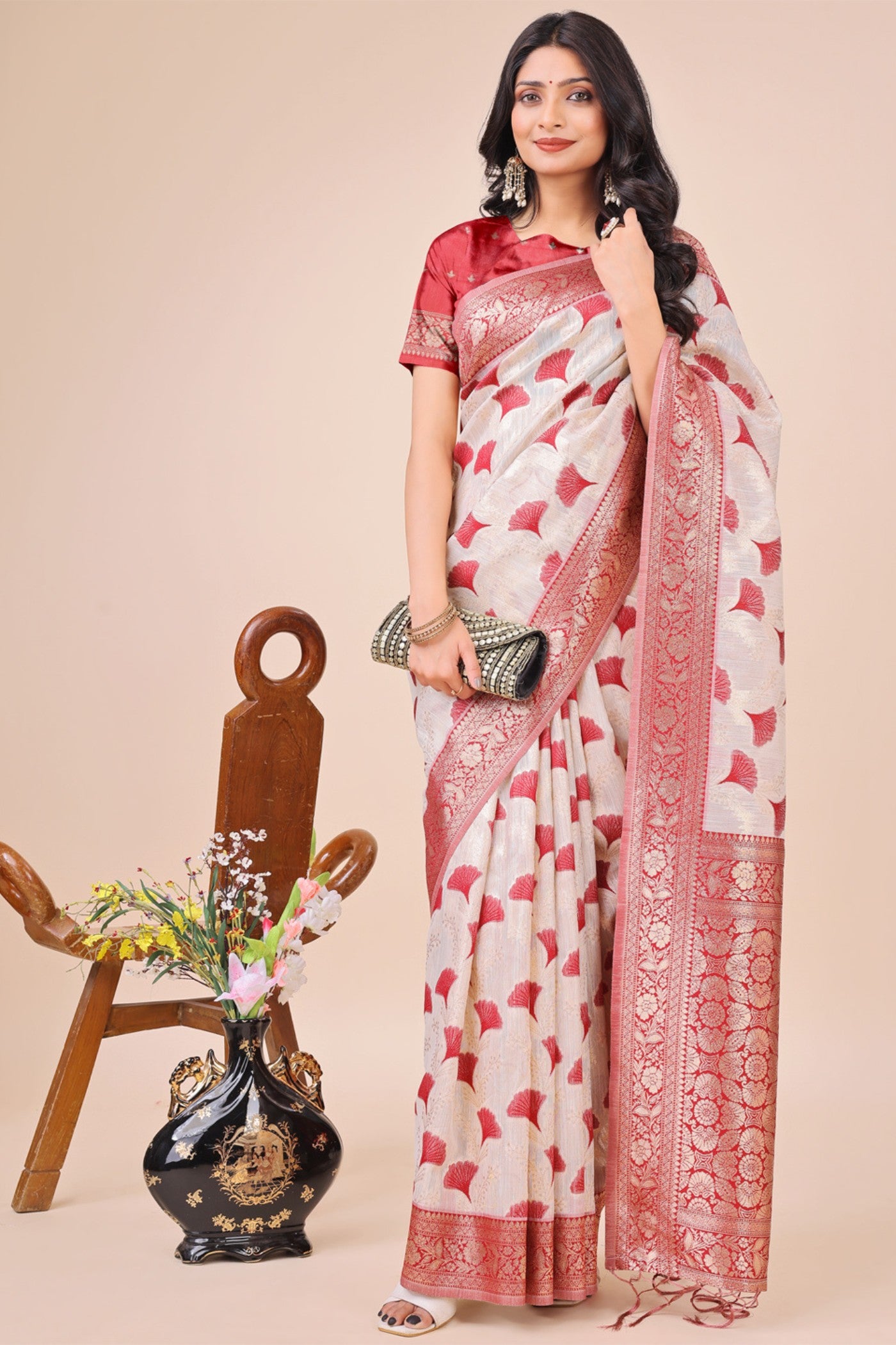 Buy MySilkLove Salt White and Red Linen Cotton Saree Online