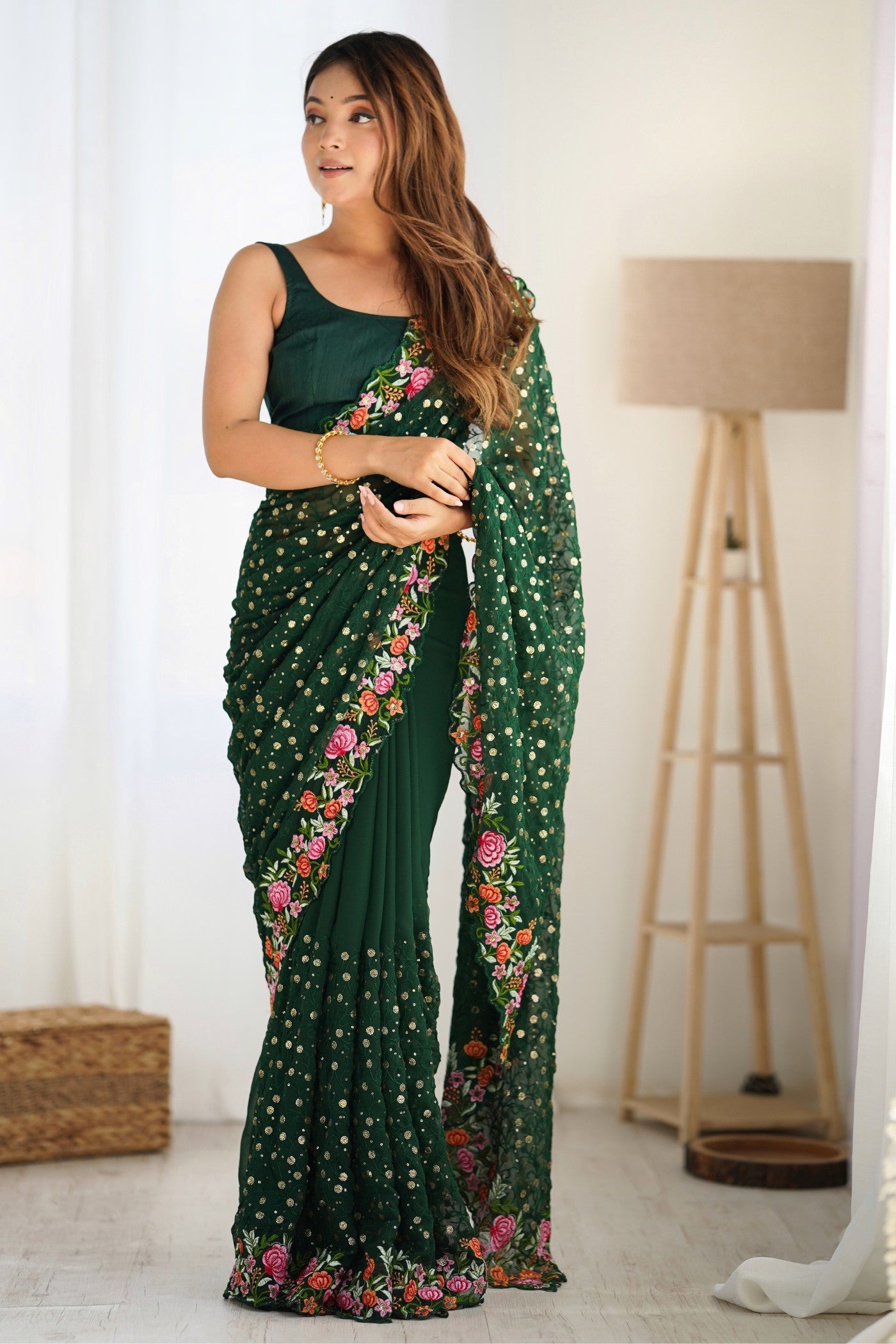 Buy MySilkLove Basil Green Embroidered Georgette Saree Online