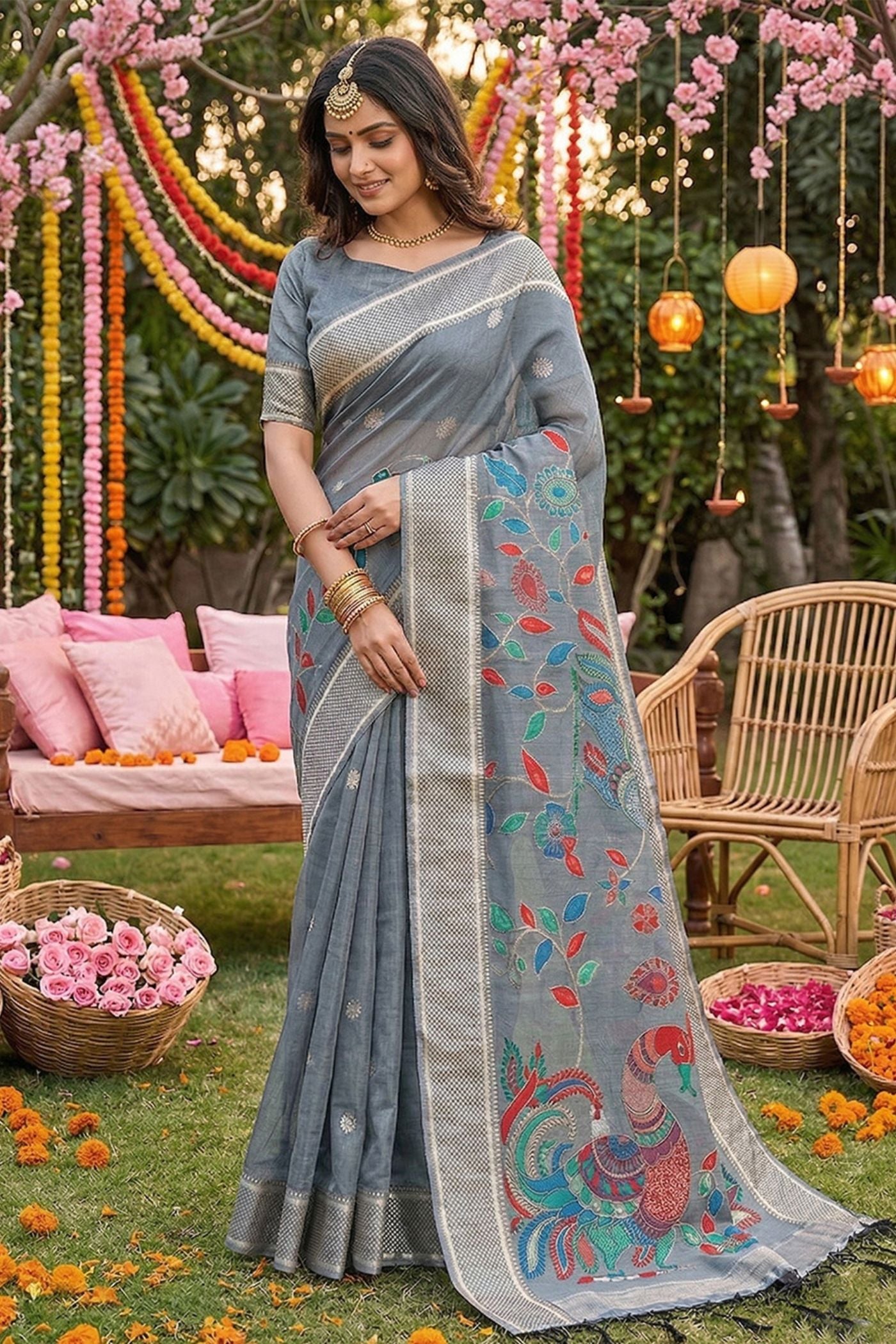 Buy MySilkLove Charcoal Grey Woven Linen Cotton Saree Online
