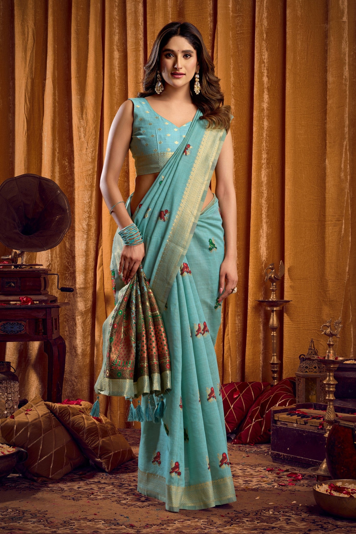 Buy MySilkLove Sky Blue Woven Cotton Saree Online