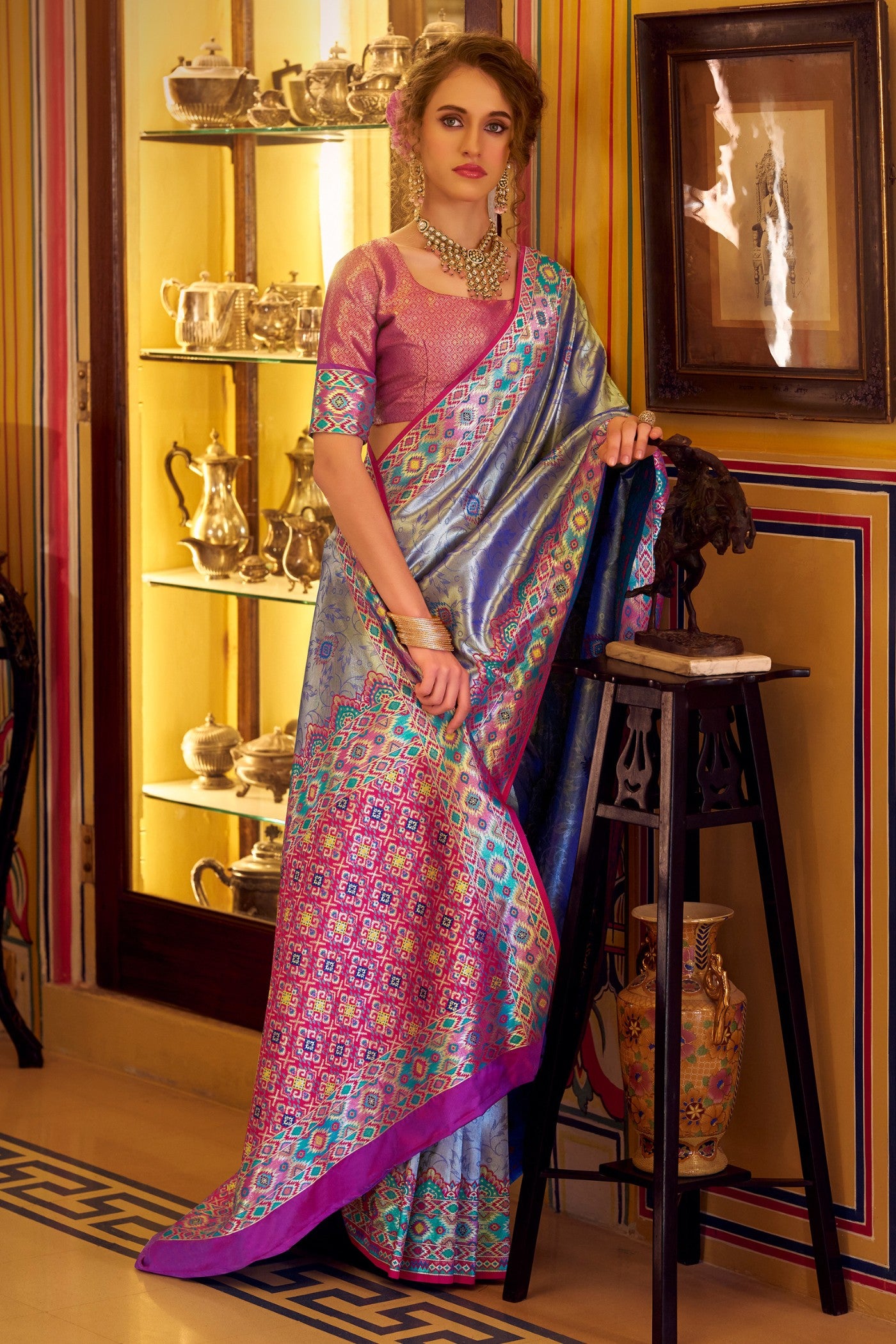 Buy MySilkLove Stormy Blue Woven Tissue Patola Silk Saree Online